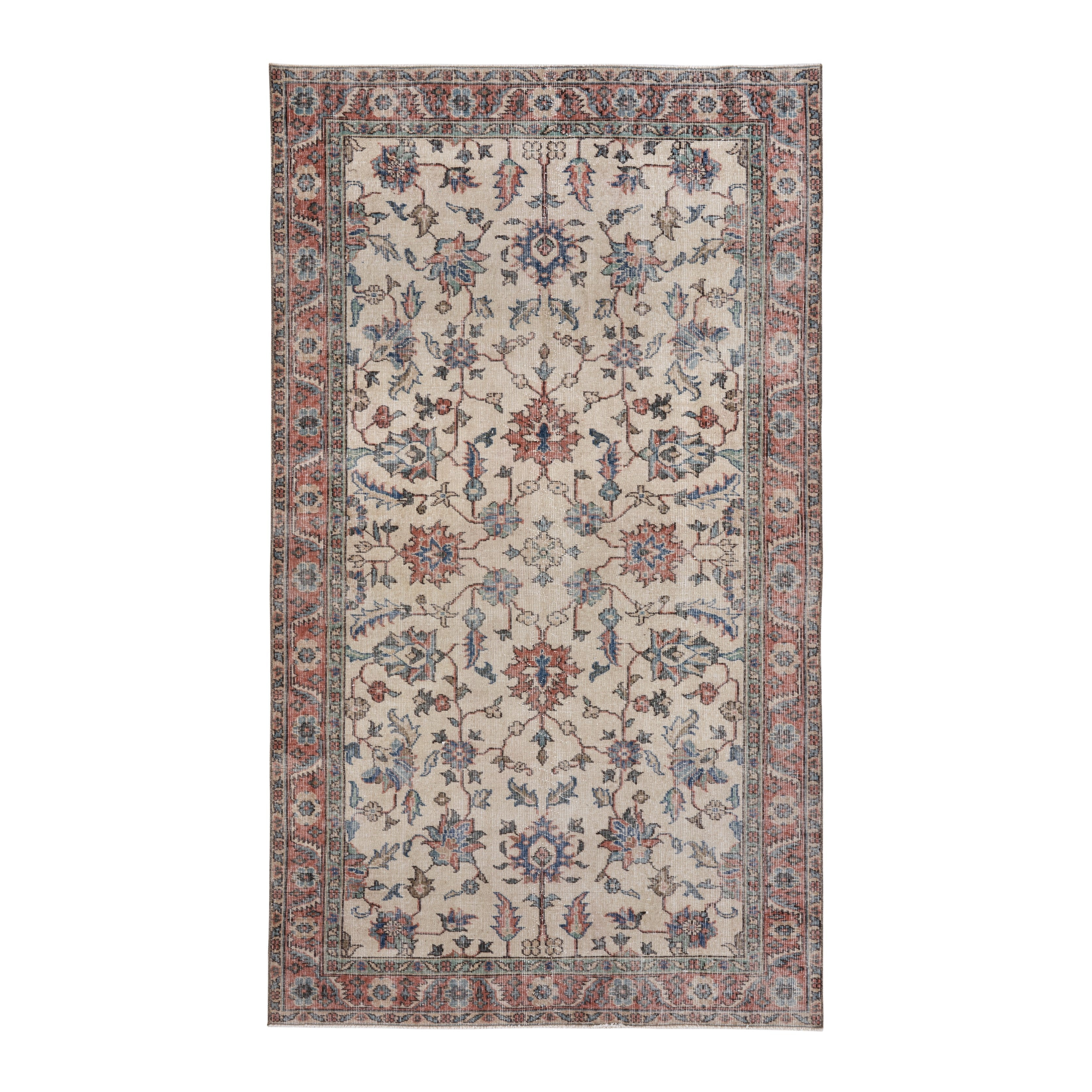 Turkish Isparta area rug in ivory and faded red, 4'11" x 8'7"