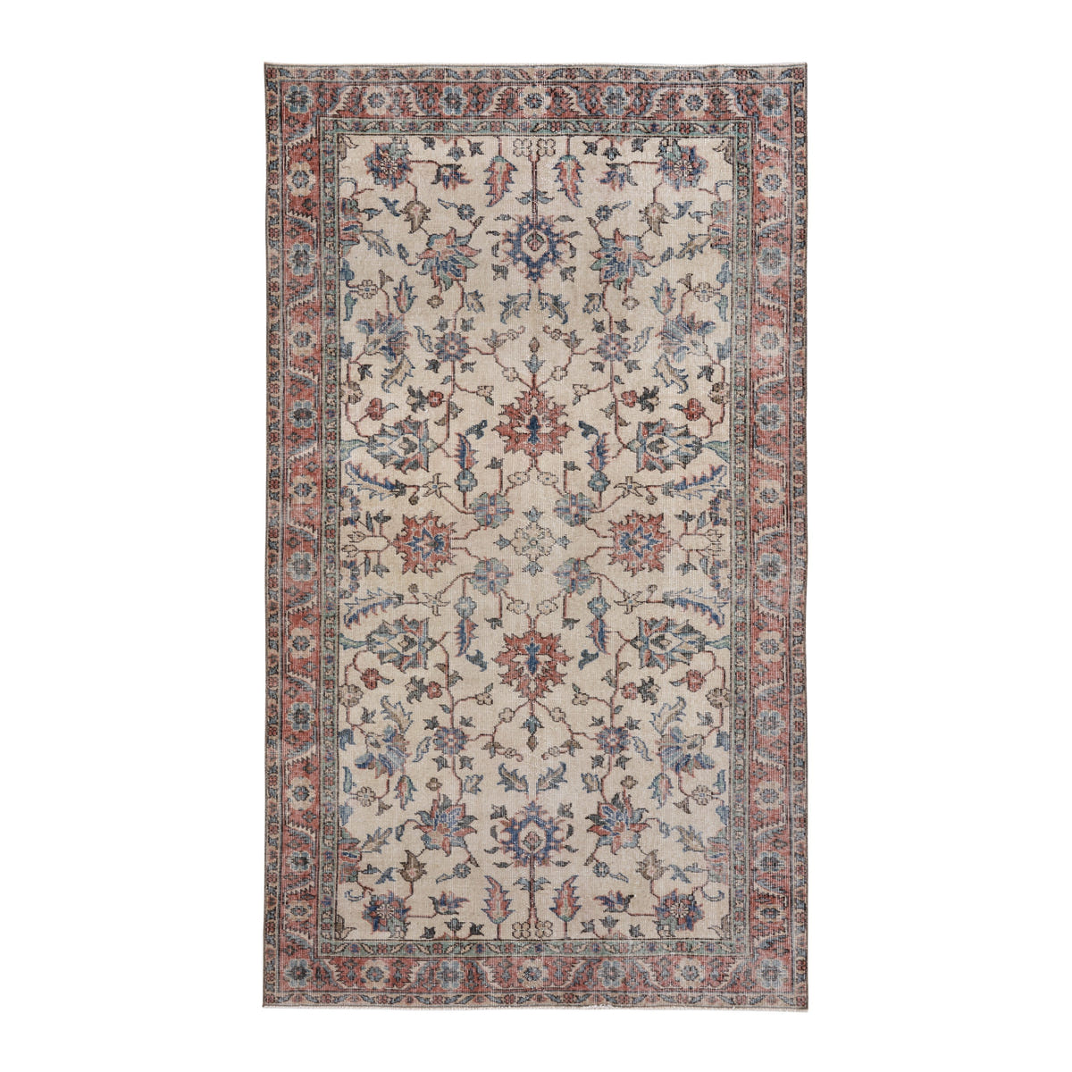Turkish Isparta area rug in ivory and faded red, 4'11" x 8'7"