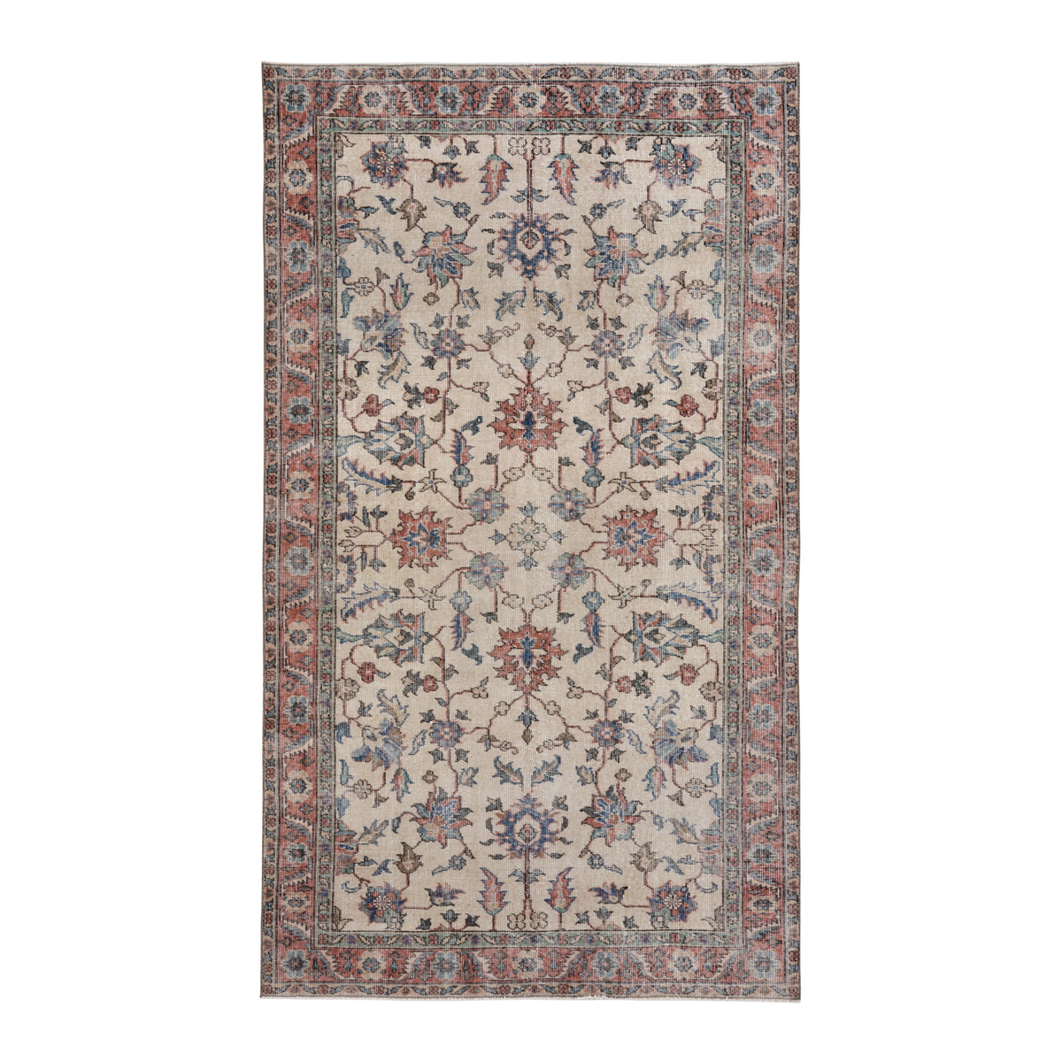 Turkish Isparta area rug in ivory and faded red, 4'11" x 8'7"
