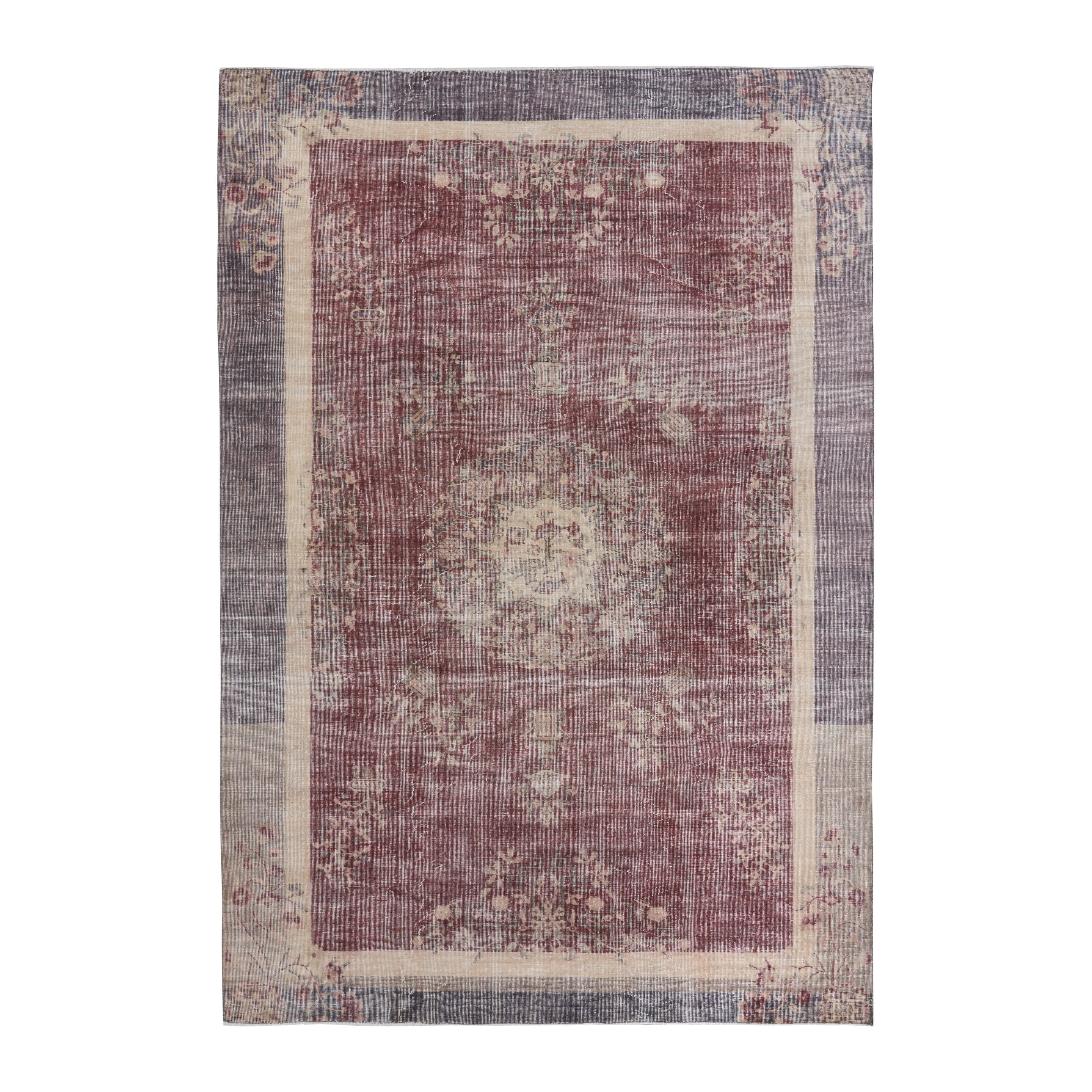 Turkish Isparta area rug in faded red and off-white, 6'4" x 9'2"