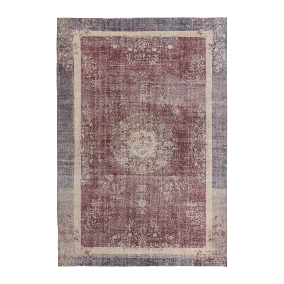 Turkish Isparta area rug in faded red and off-white, 6'4" x 9'2"