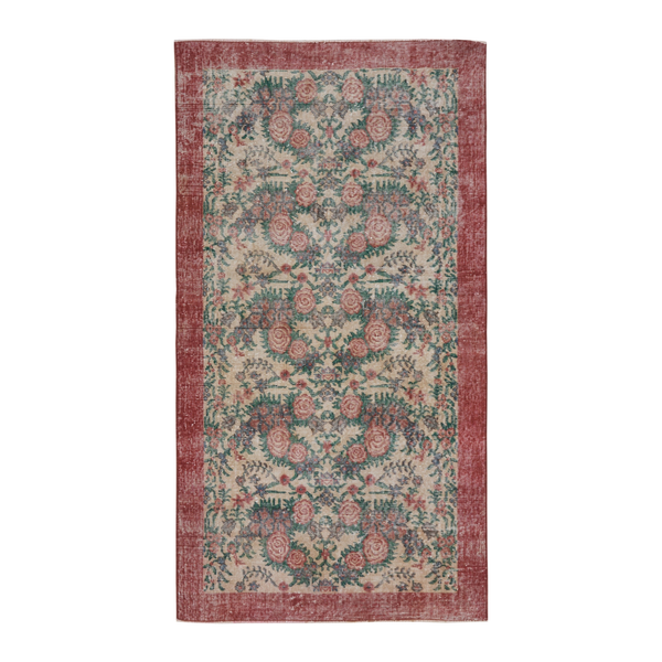 Turkish Isparta area rug in cream and muted pink, 3'8" x 6'11"