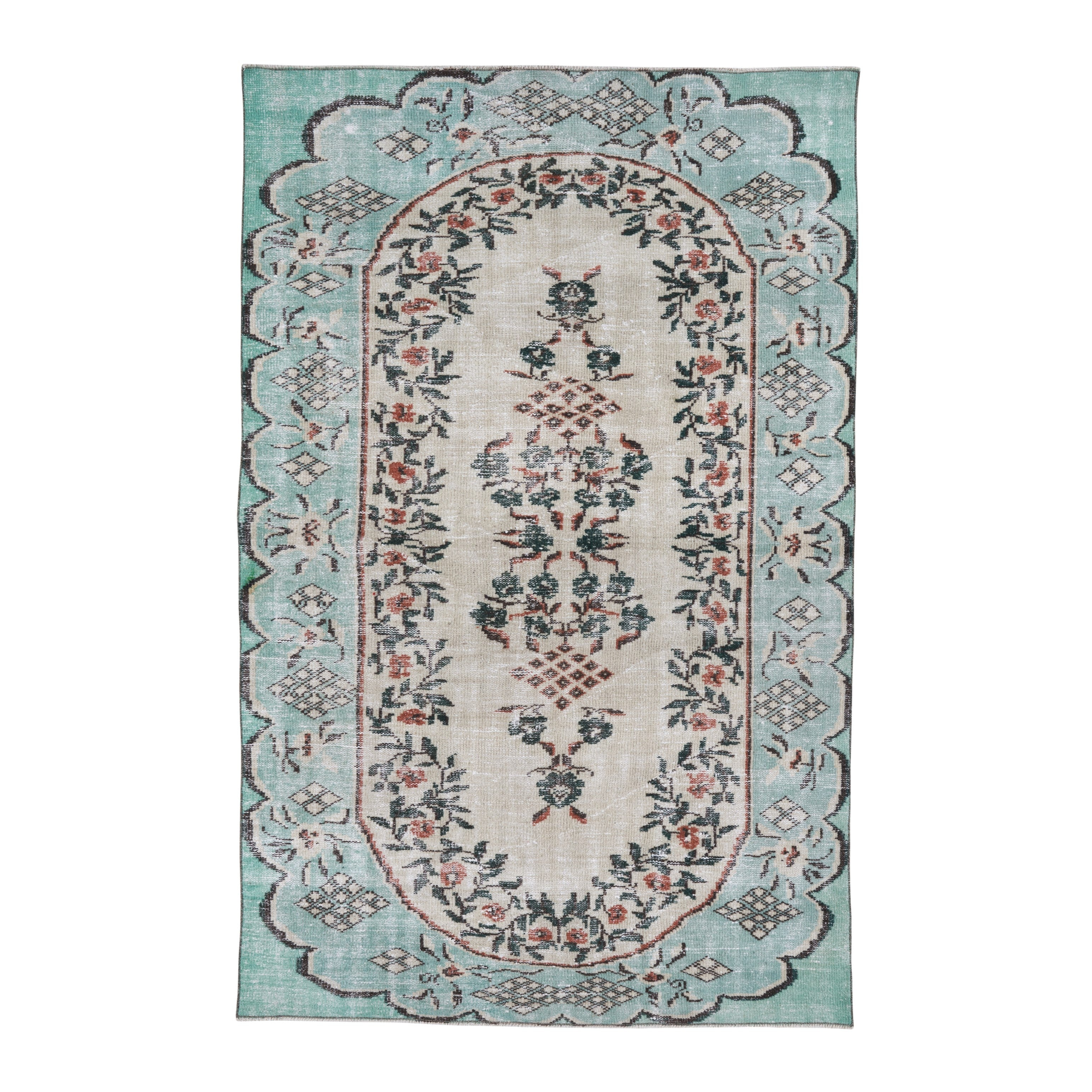Turkish Manisa area rug in cream and turquoise, 5'3" x 8'3"