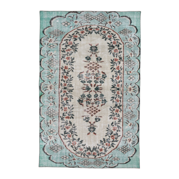 Turkish Manisa area rug in cream and turquoise, 5'3" x 8'3"