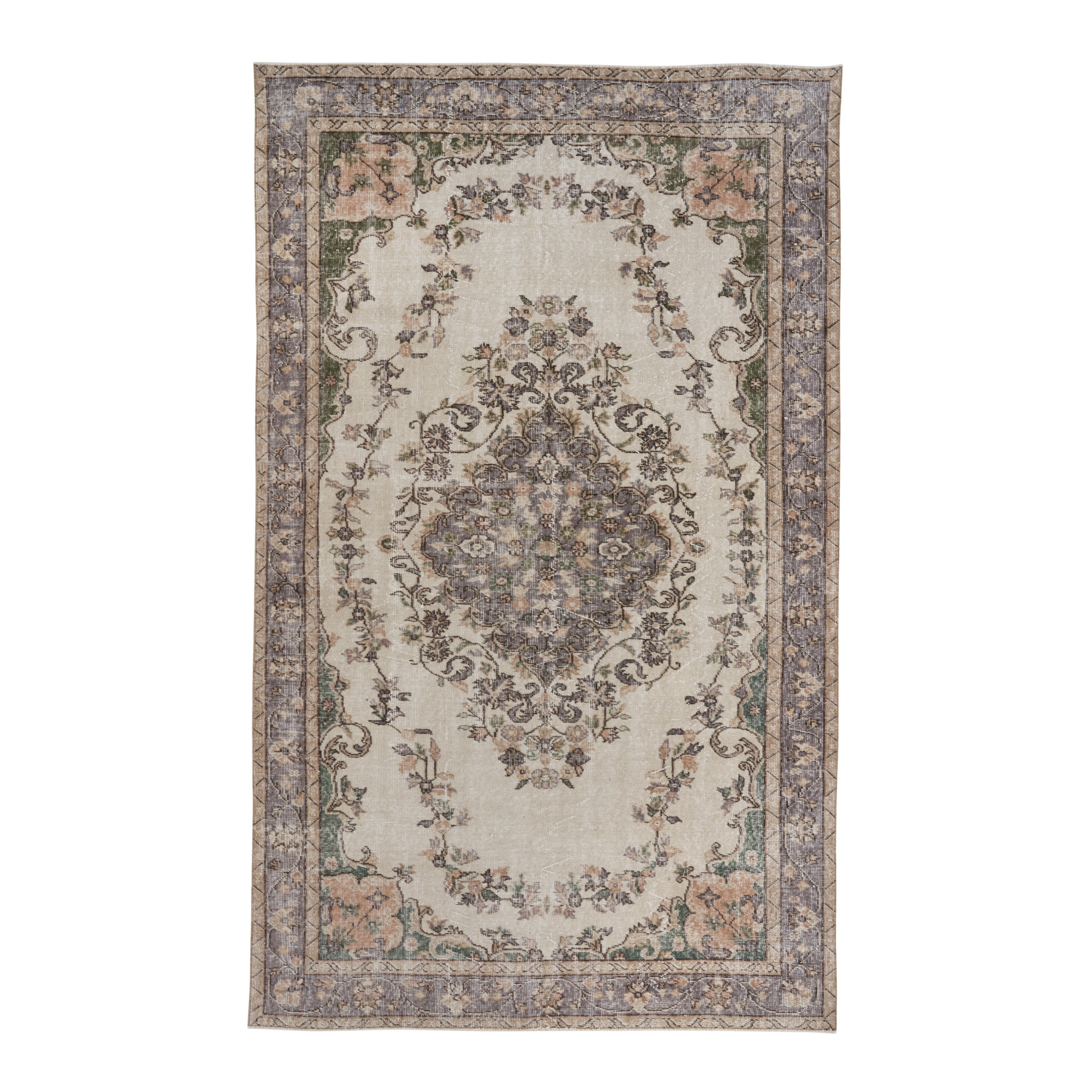 Turkish Isparta area rug in cream and sage, 5'6" x 9'1"