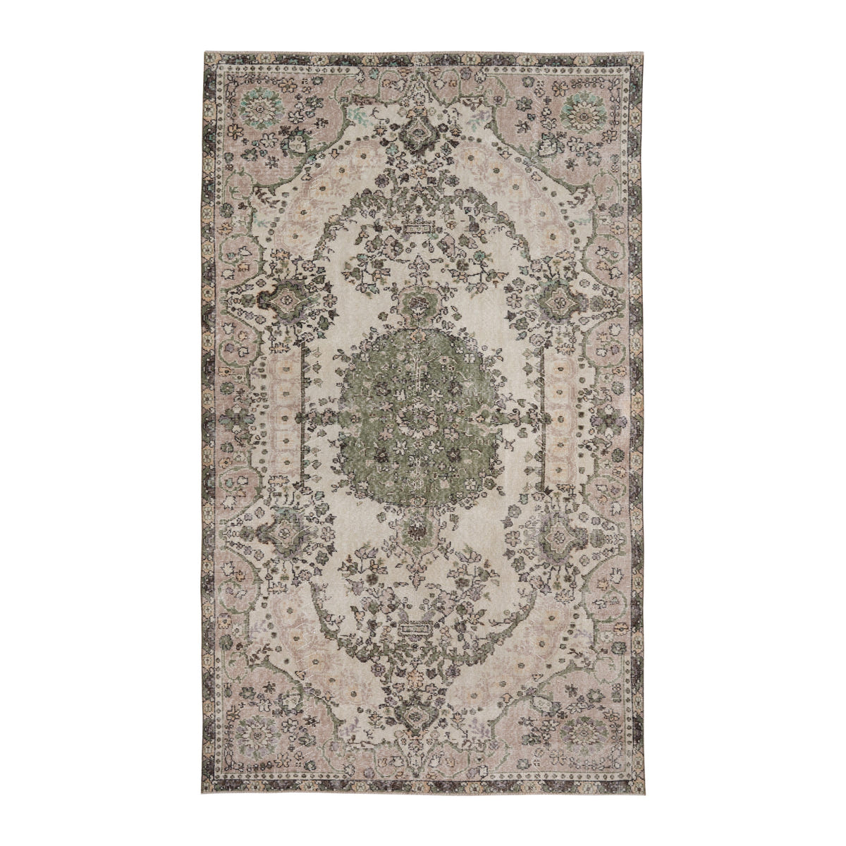 Turkish Isparta area rug in cream and sage, 5'6" x 9'7"
