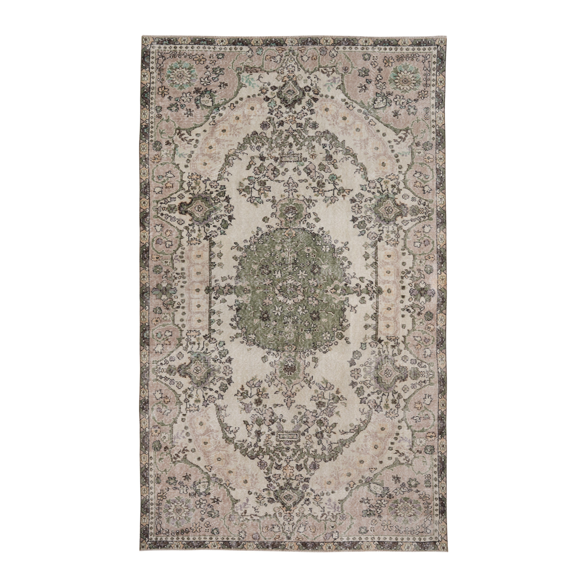 Turkish Isparta area rug in cream and sage, 5'6" x 9'7"