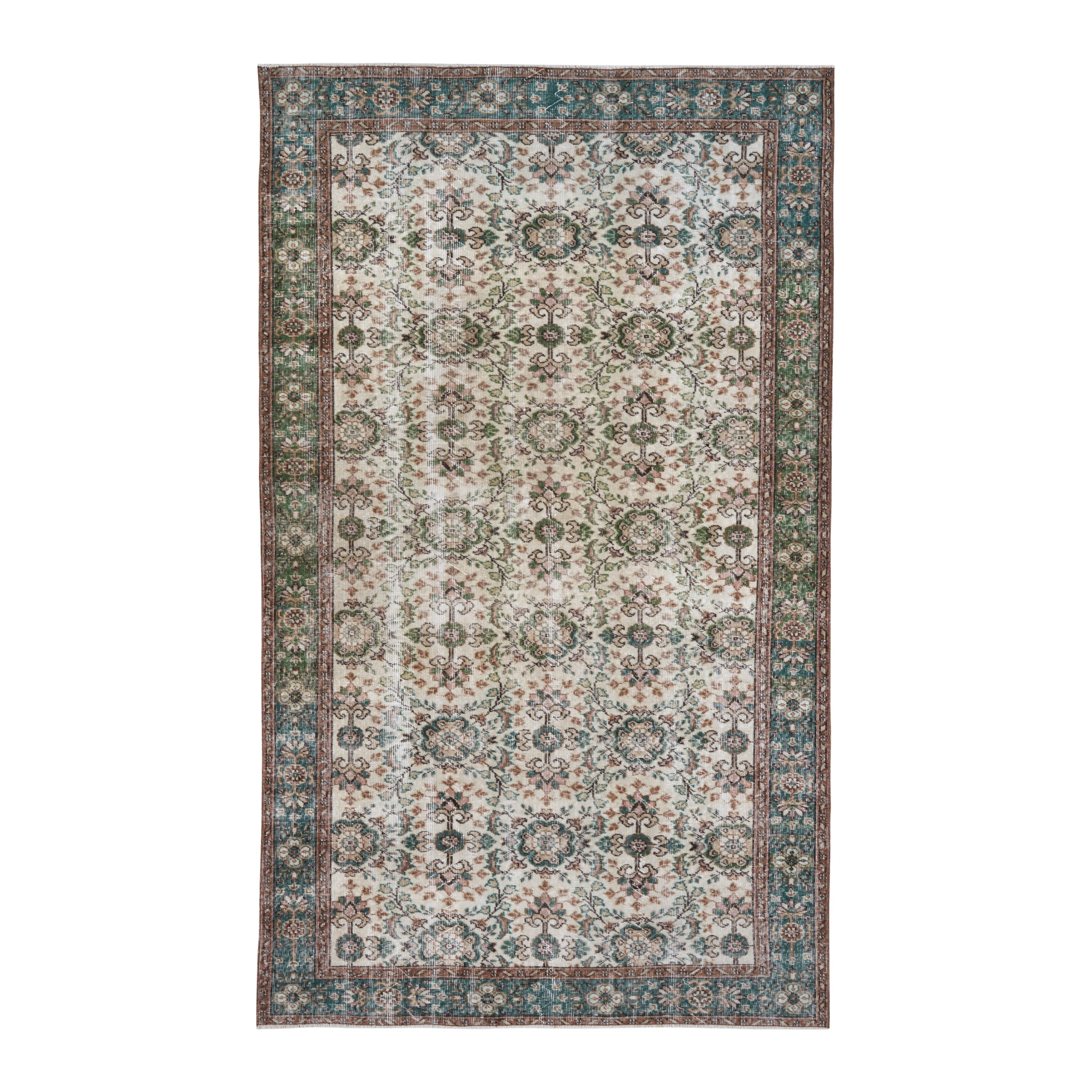 Turkish Isparta area rug in ivory and teal, 5'9" x 9'10"