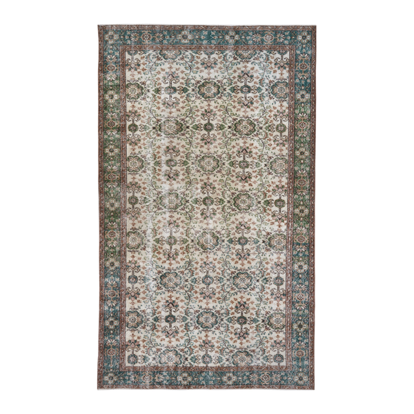Turkish Isparta area rug in ivory and teal, 5'9" x 9'10"