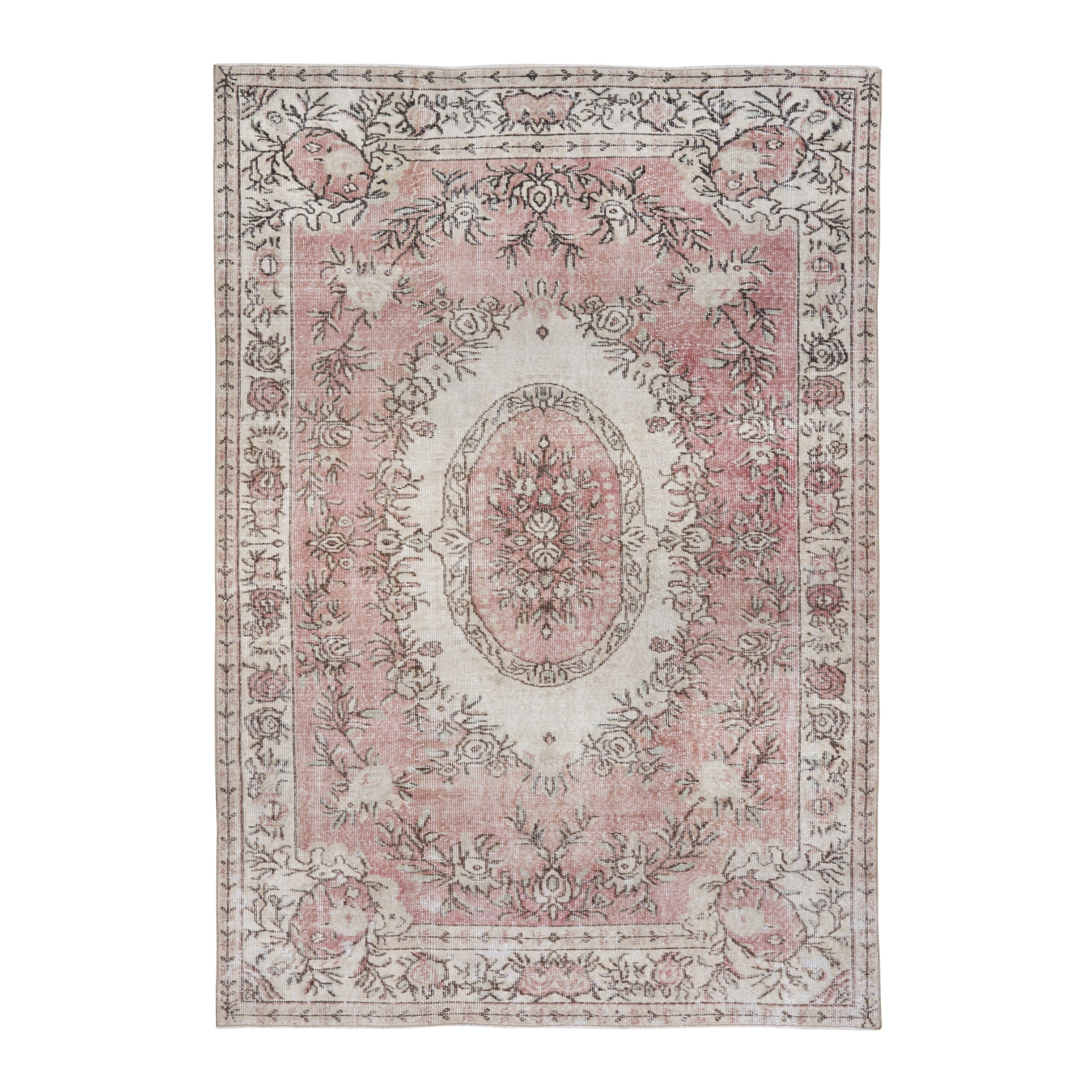 Turkish Isparta area rug in cream and muted pink, 5'11" x 8'9"