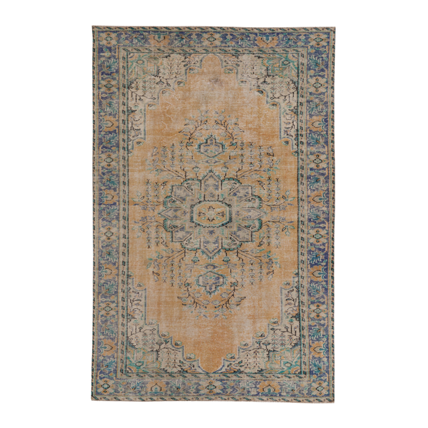 Turkish Manisa area rug in tan and denim, 6'5" x 10'