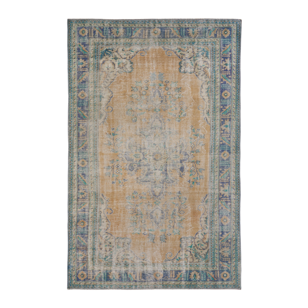 Turkish Manisa area rug in tan and navy, 6'5" x 10'4"