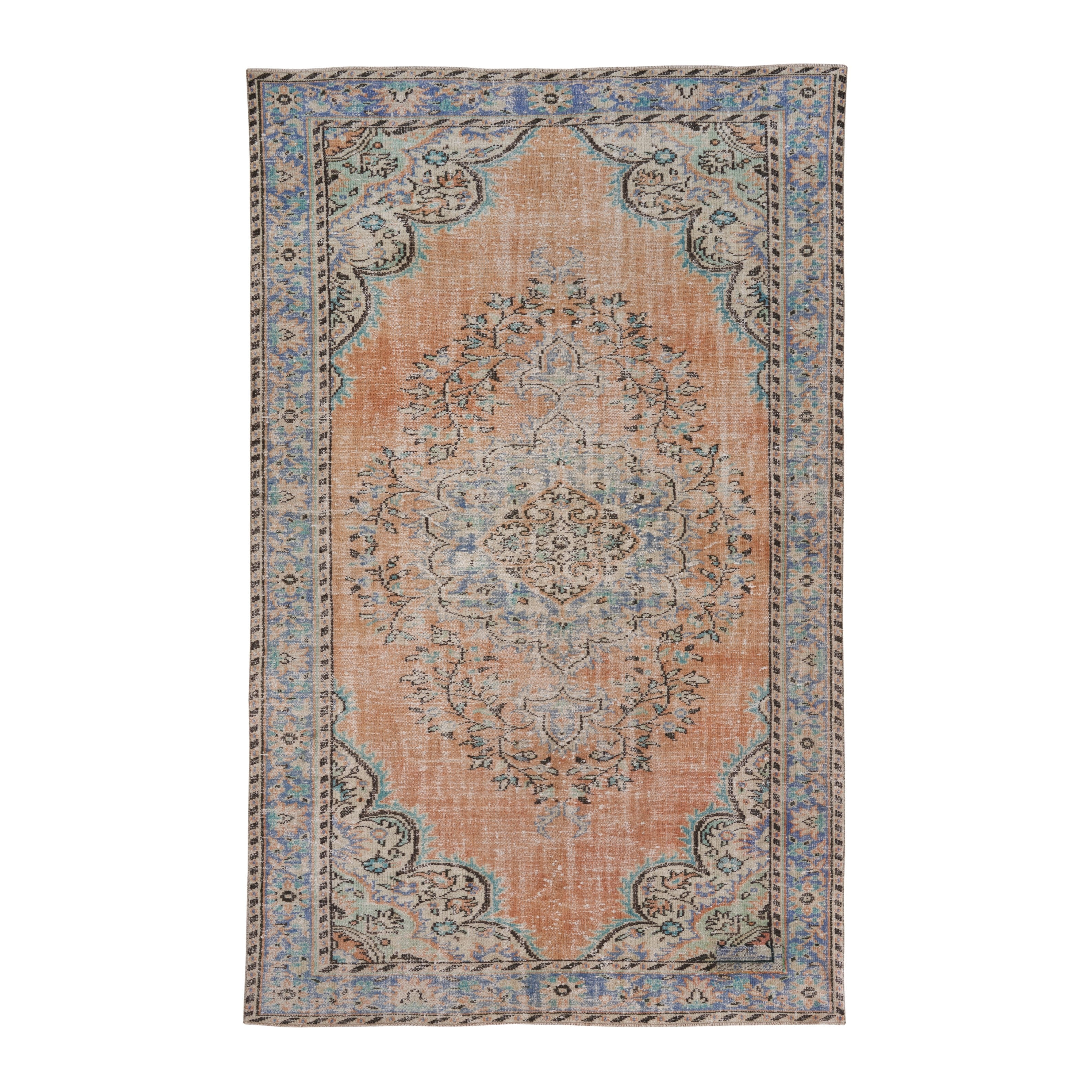 Turkish Manisa area rug in terracotta and denim, 6'1" x 9'9"