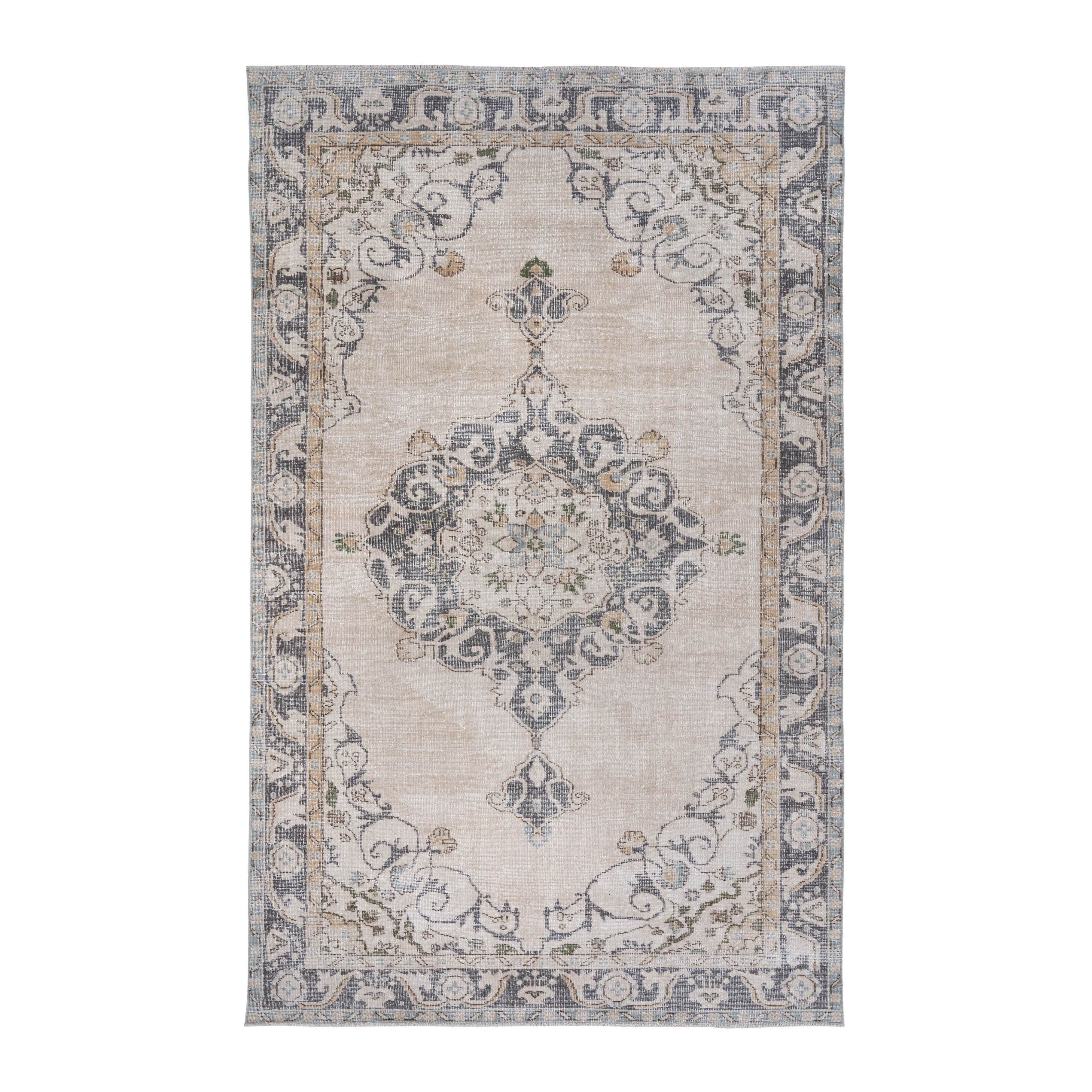Turkish Isparta area rug in cream and slate blue, 6'2" x 9'11"