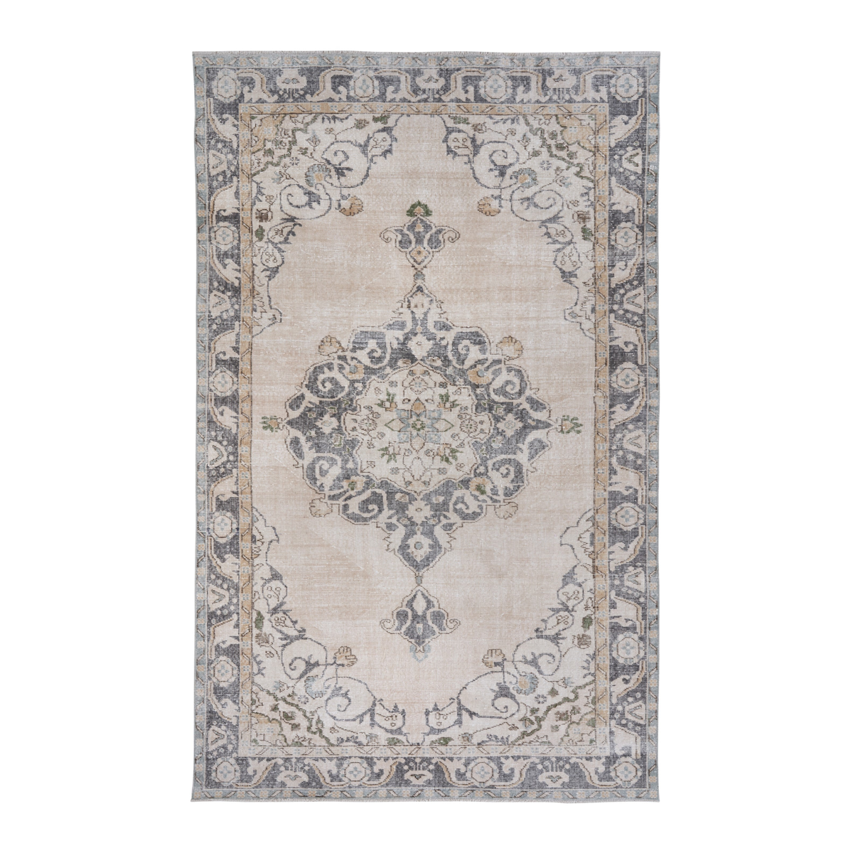 Turkish Isparta area rug in cream and slate blue, 6'2" x 9'11"