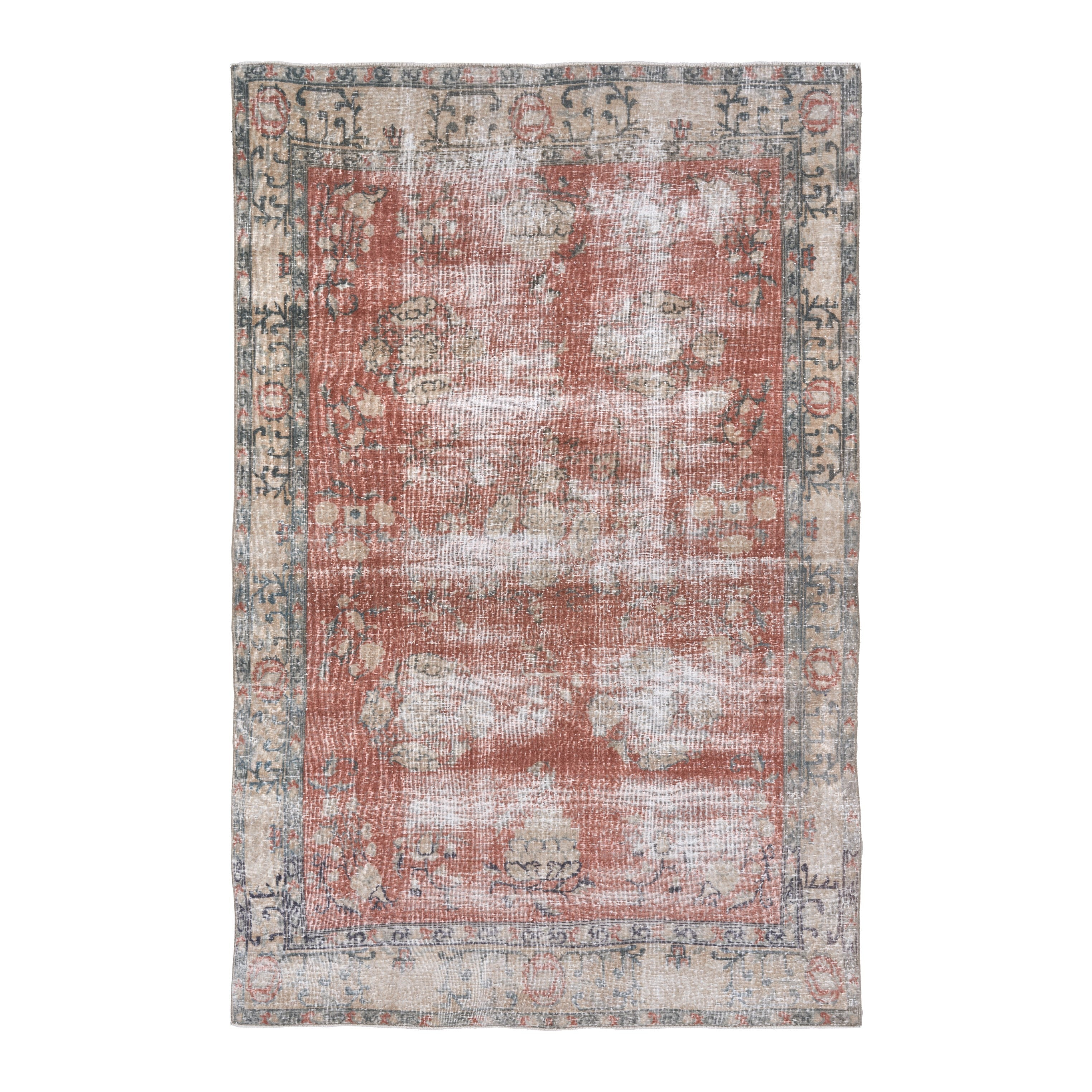 Turkish Isparta area rug in faded red and cream, 6'6" x 9'8"