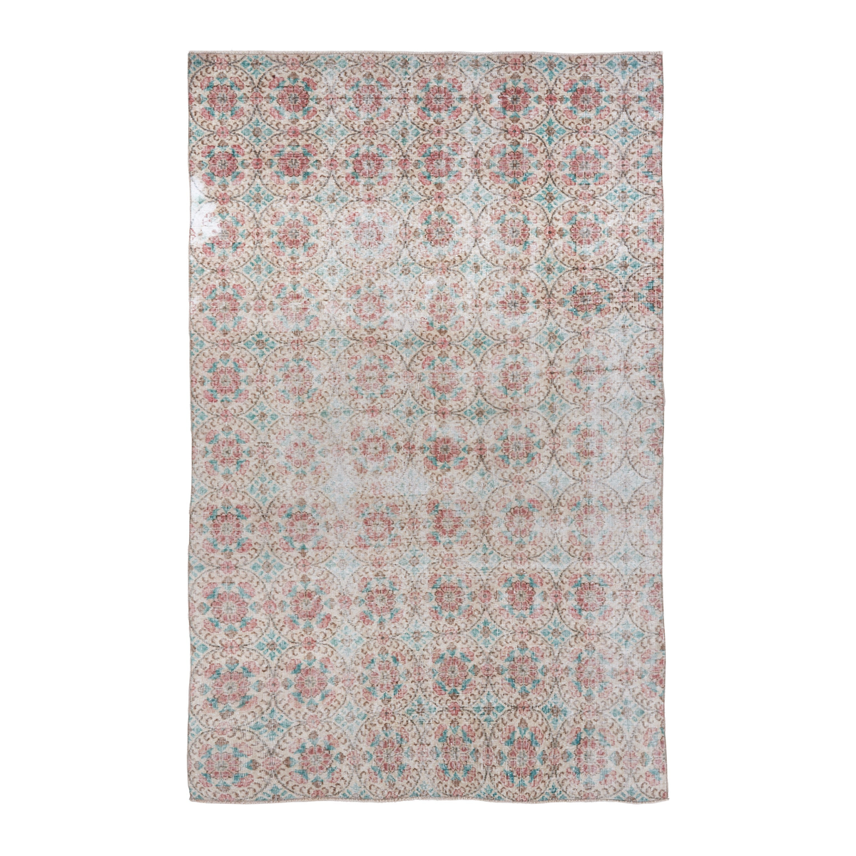 Turkish Isparta area rug in off-white and faded red, 5'8" x 8'11"