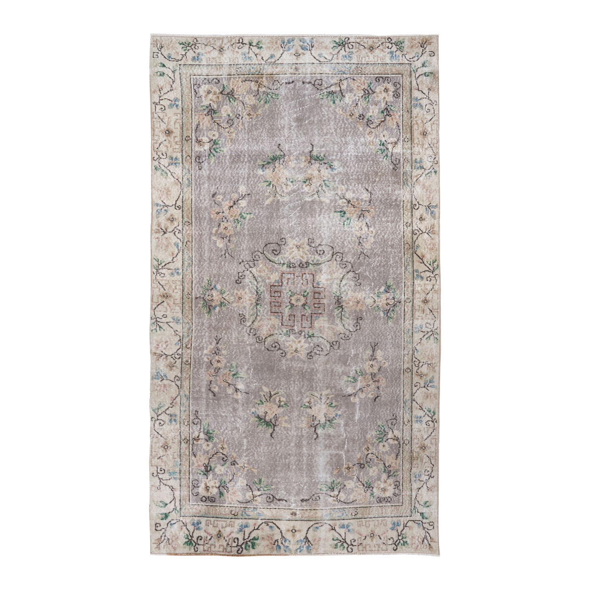 Turkish Isparta area rug in dusty blue and cream, 4'9" x 8'7"