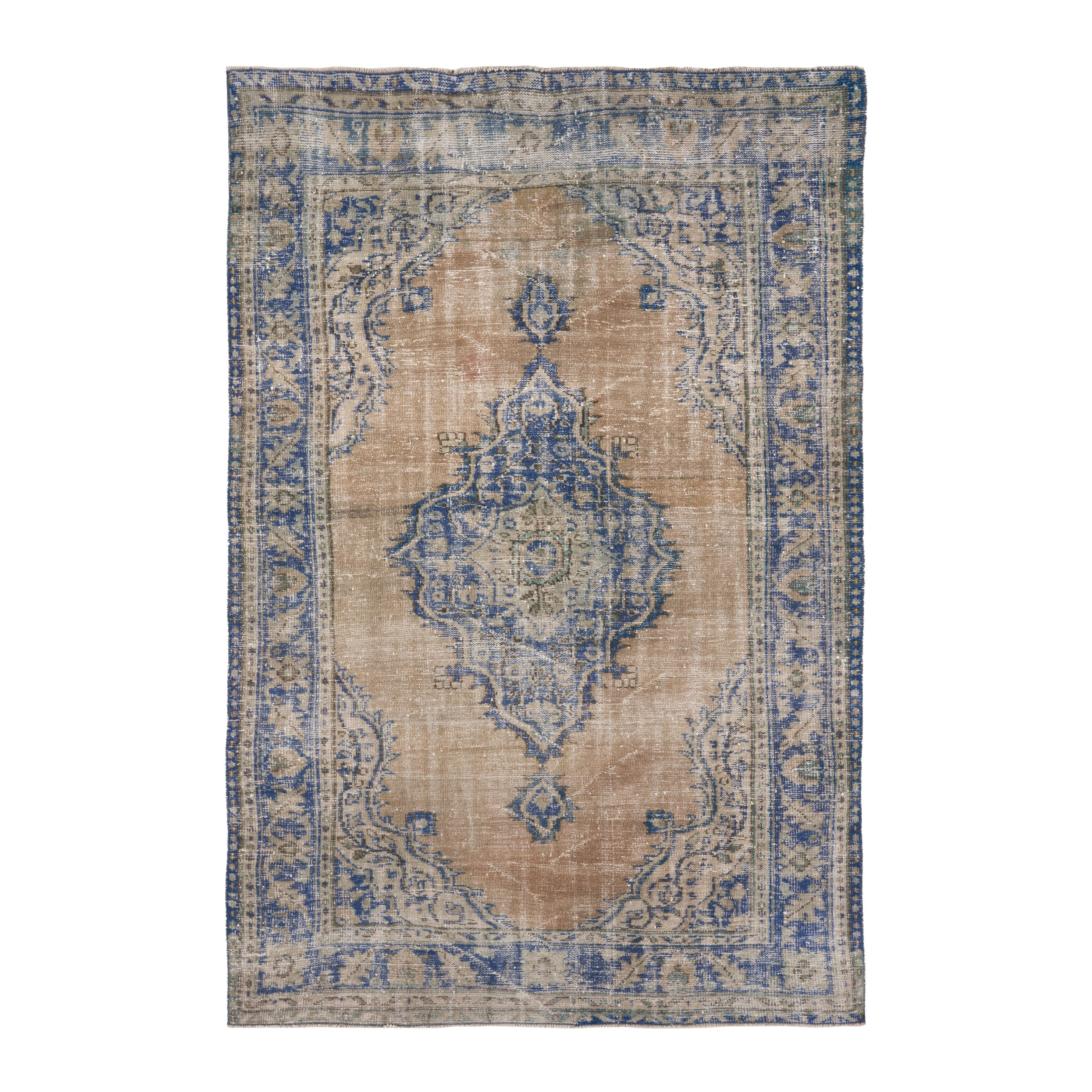 Turkish Manisa area rug in tan and denim, 5'6" x 8'5"