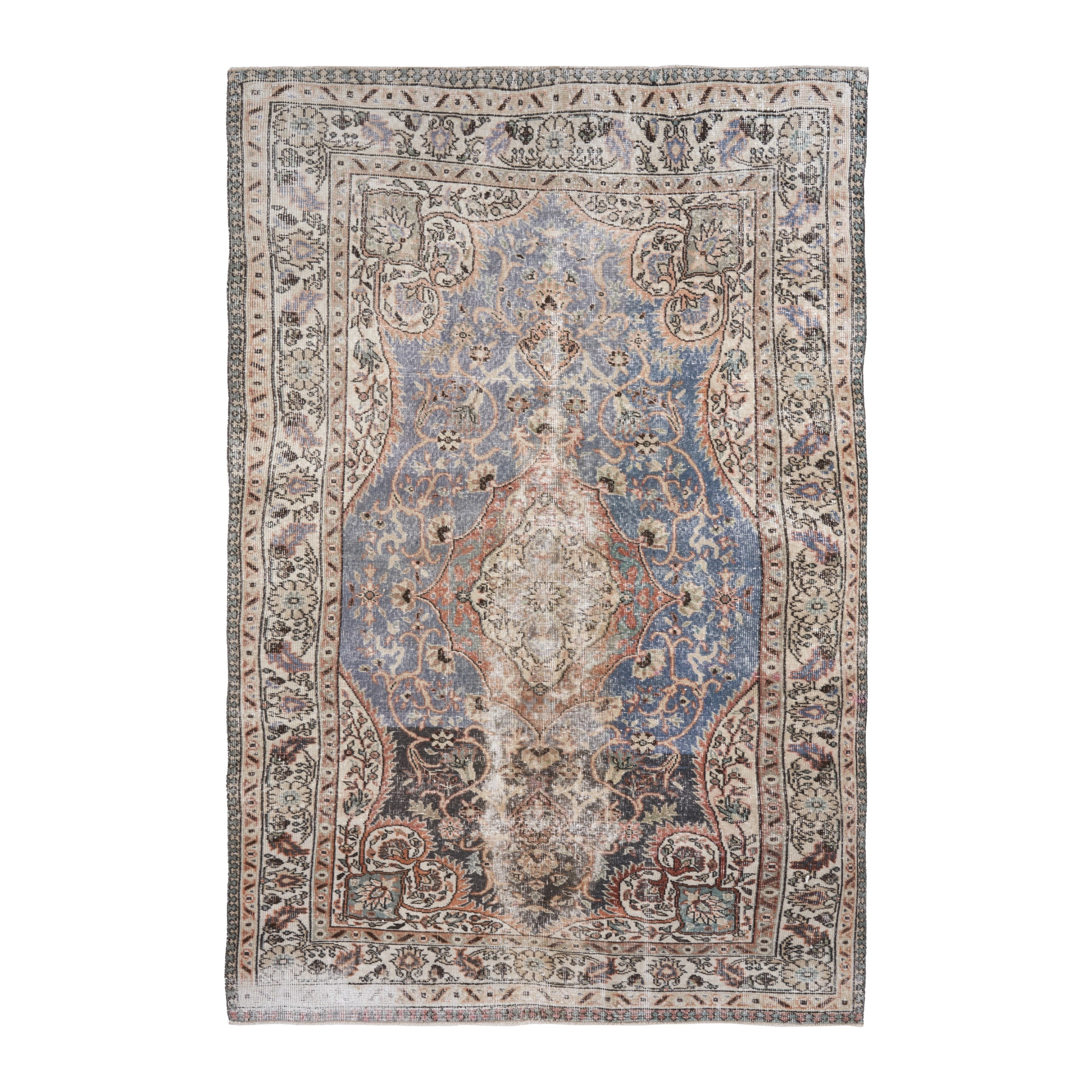 Turkish Isparta area rug in dusty blue and cream, 5'5" x 8'6"