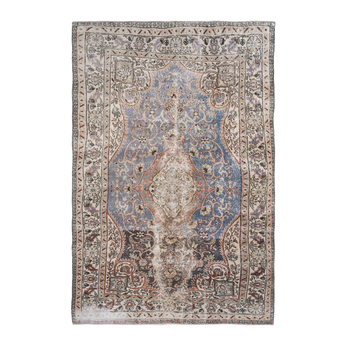 Turkish Isparta area rug in dusty blue and cream, 5'5" x 8'6"