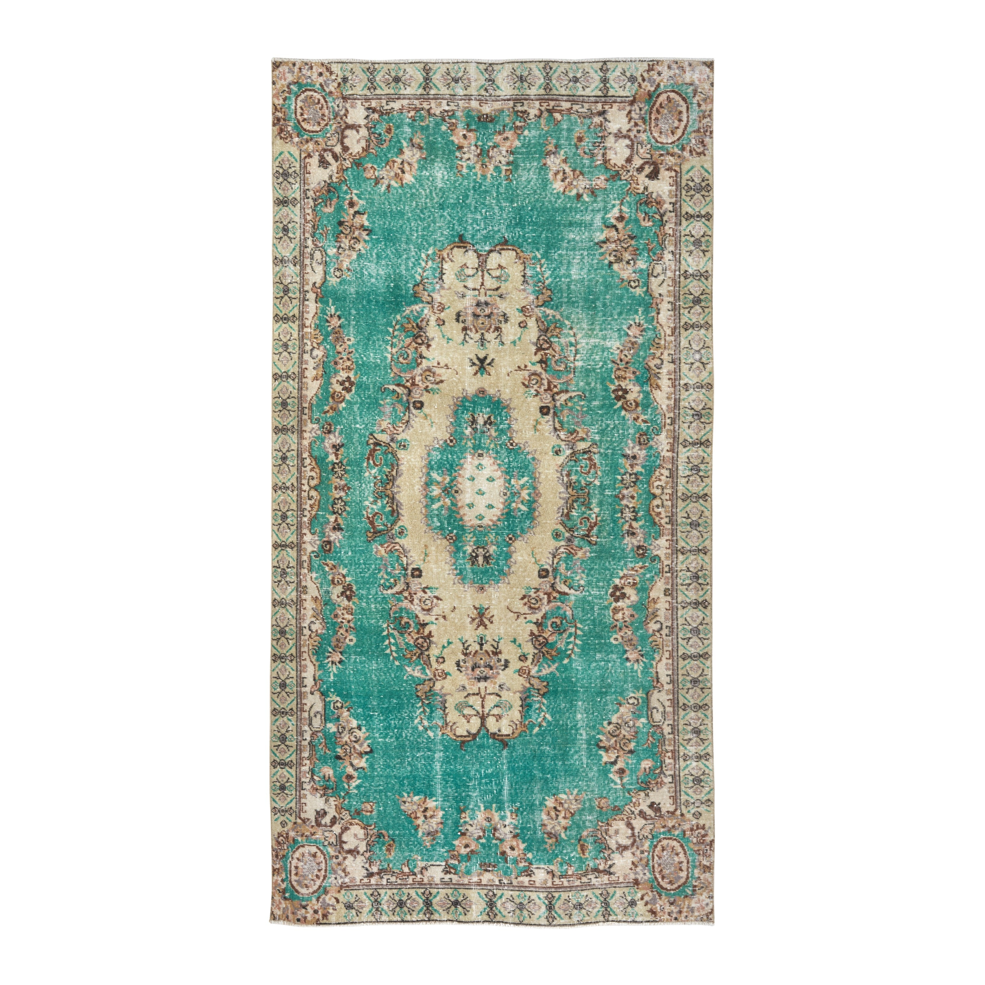 Turkish Isparta area rug in turquoise and cream, 4'10" x 9'6"