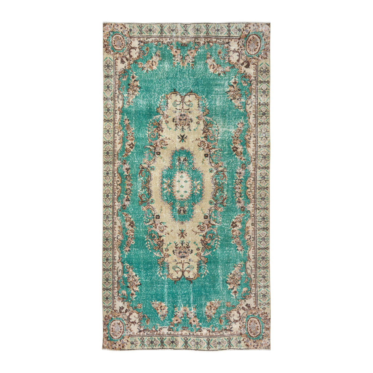 Turkish Isparta area rug in turquoise and cream, 4'10" x 9'6"