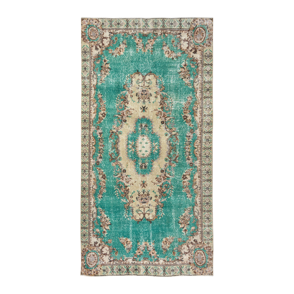 Turkish Isparta area rug in turquoise and cream, 4'10" x 9'6"