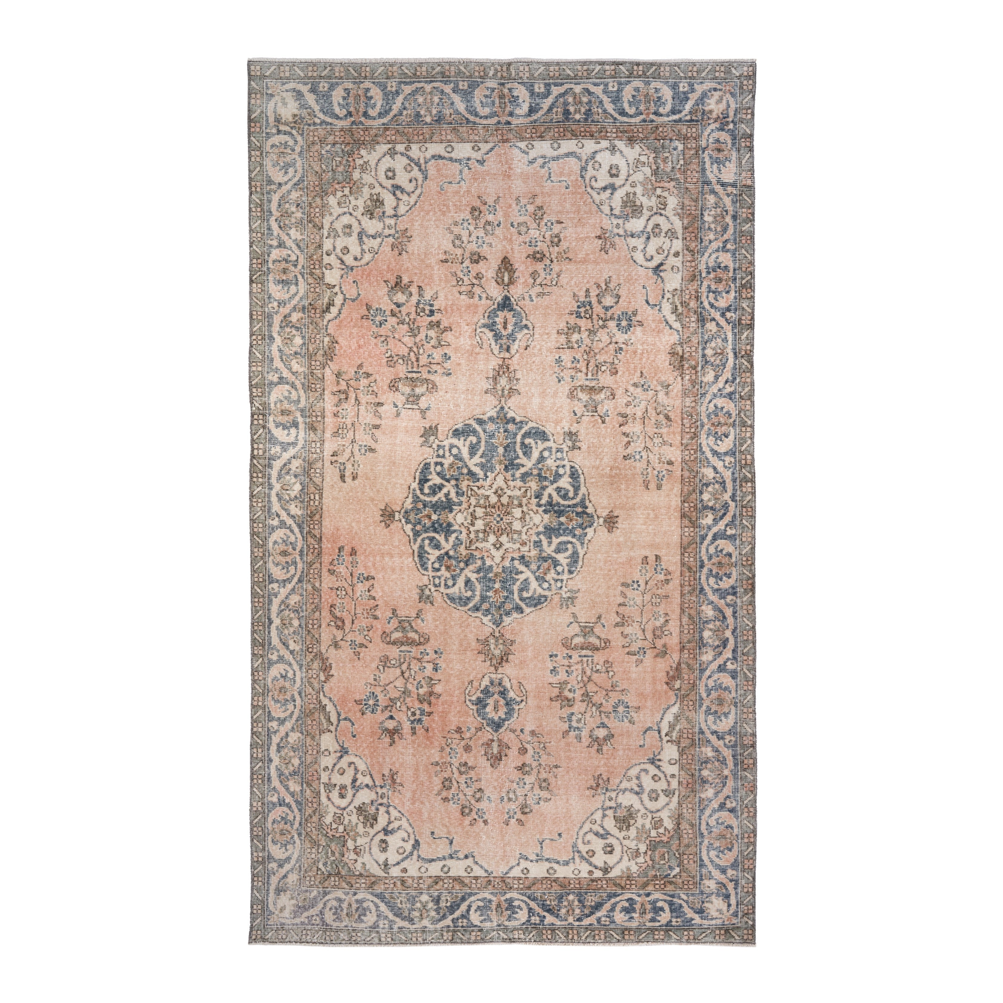 Turkish Isparta area rug in muted pink and denim, 5'7" x 9'10"
