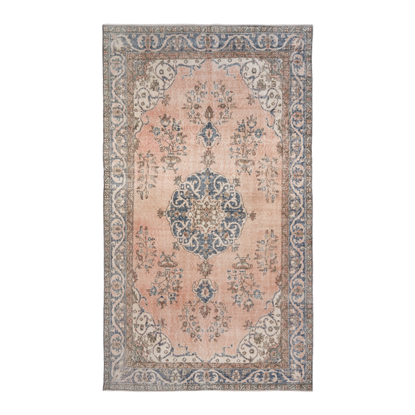 Turkish Isparta area rug in muted pink and denim, 5'7" x 9'10"