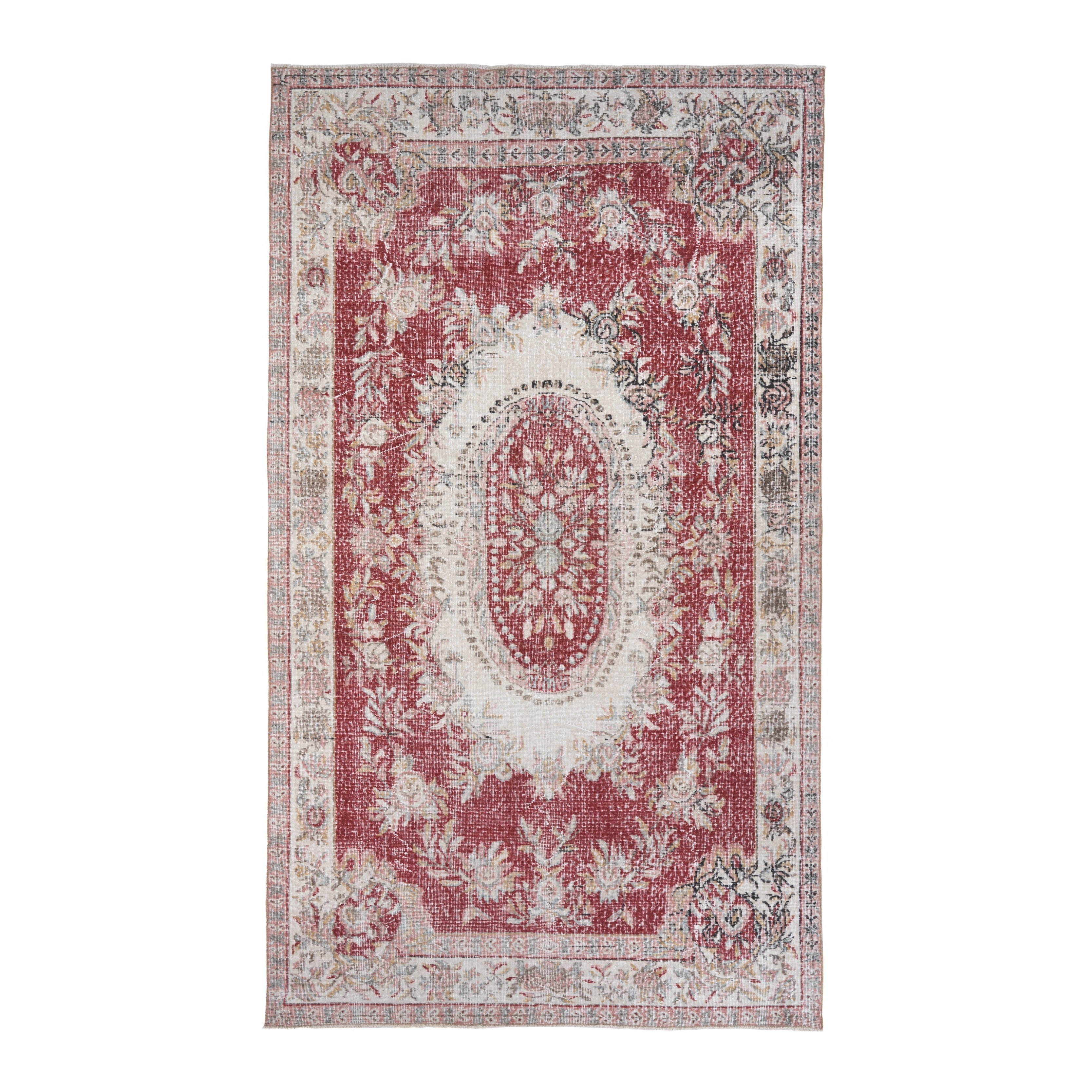 Turkish Isparta area rug in faded red and cream, 5'8" x 9'10"