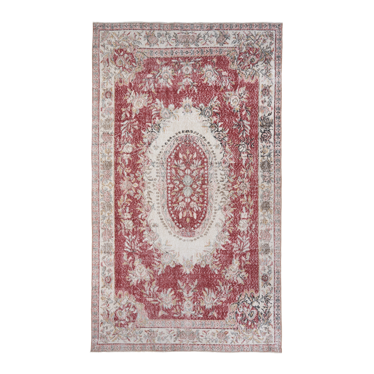 Turkish Isparta area rug in faded red and cream, 5'8" x 9'10"