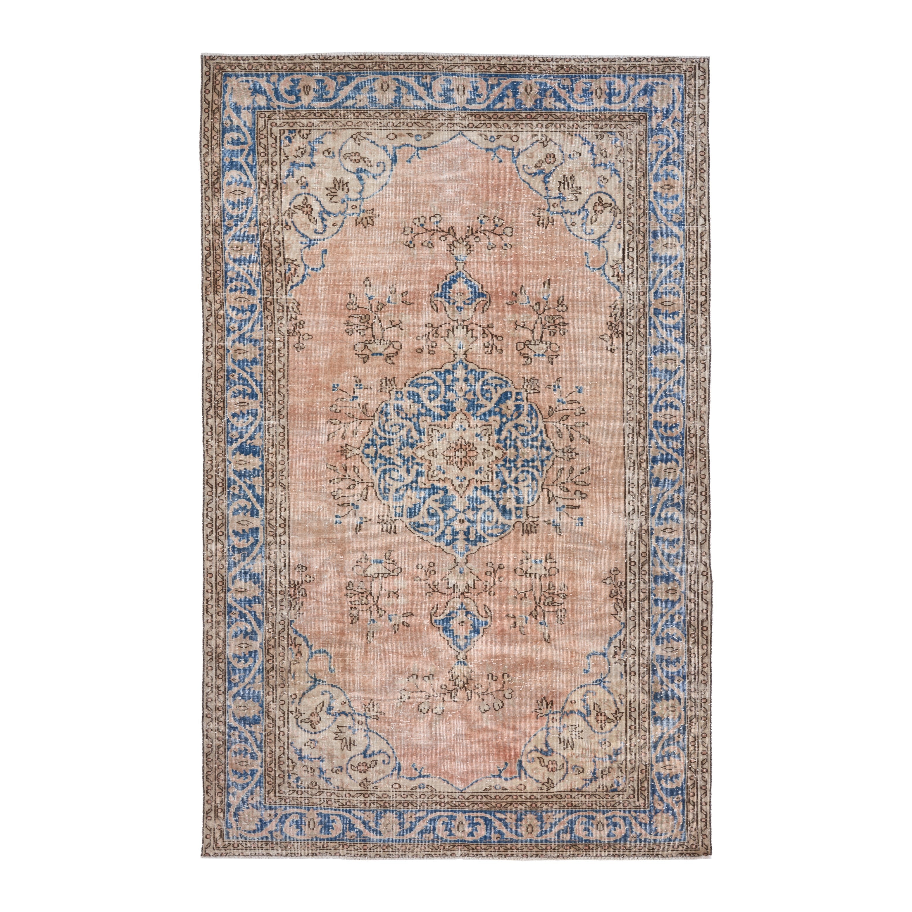 Turkish Isparta area rug in muted pink and denim, 6'2" x 9'8"