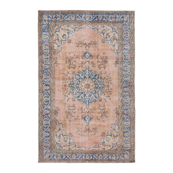 Turkish Isparta area rug in muted pink and denim, 6'2" x 9'8"
