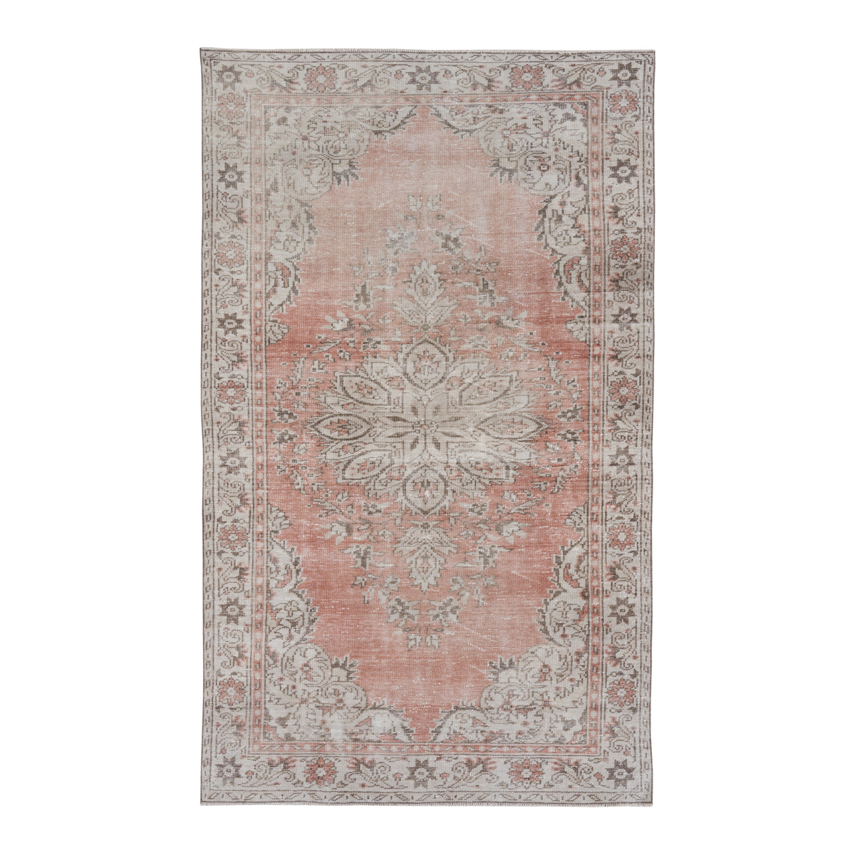 Turkish Manisa area rug in muted pink and greige, 5'5" x 9'