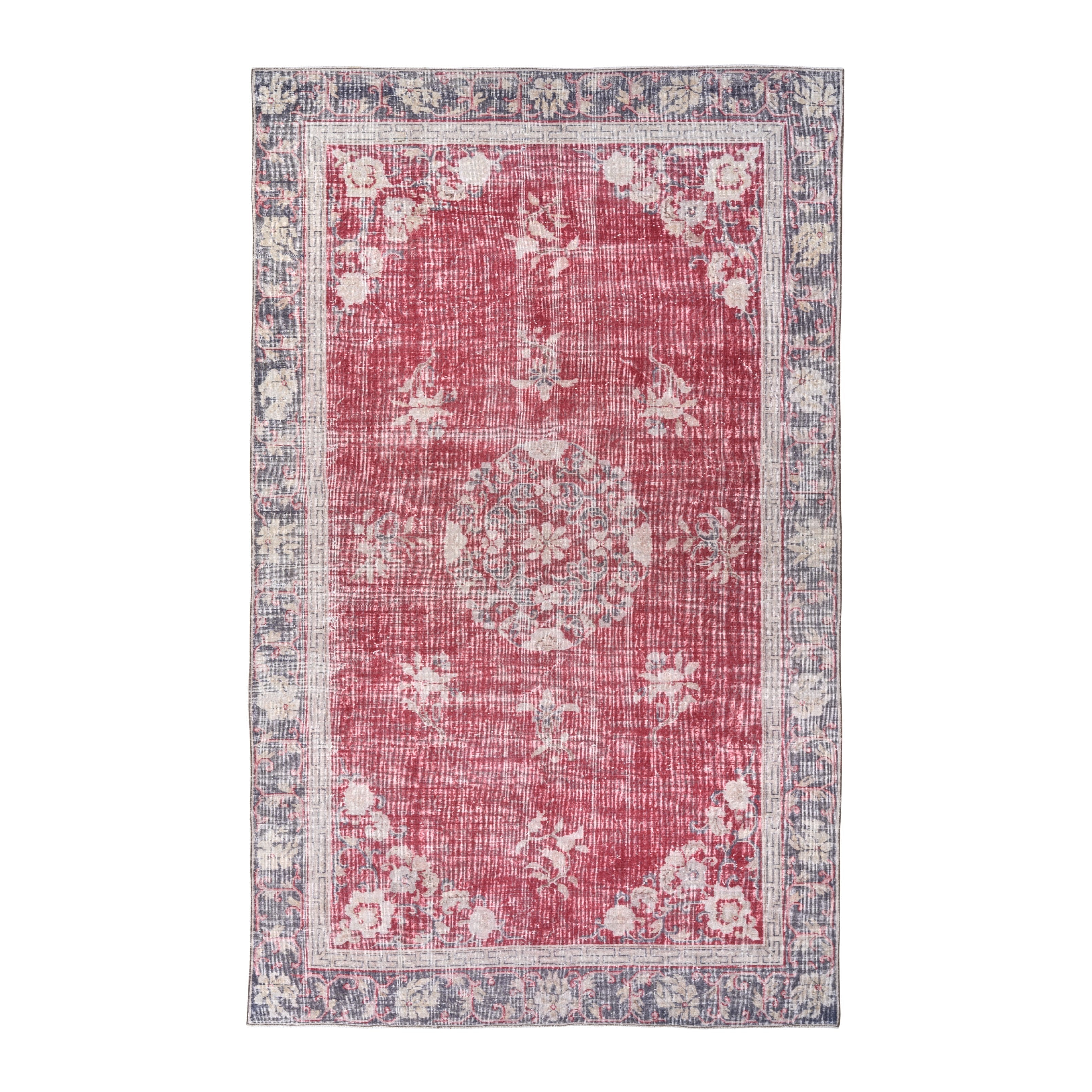 Turkish Isparta area rug in faded red and slate blue, 6'5" x 10'4"