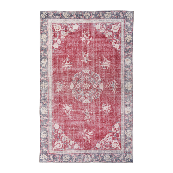 Turkish Isparta area rug in faded red and slate blue, 6'5" x 10'4"