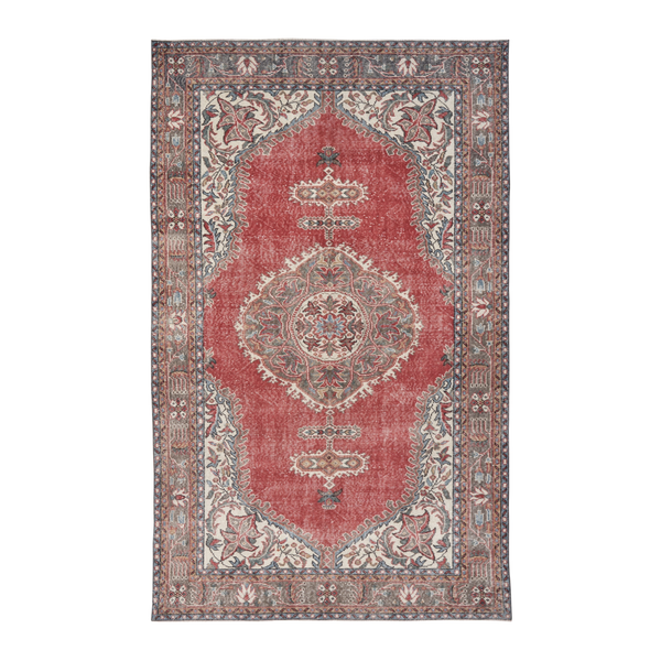 Turkish Isparta area rug in faded red and tan, 6'2" x 10'1"