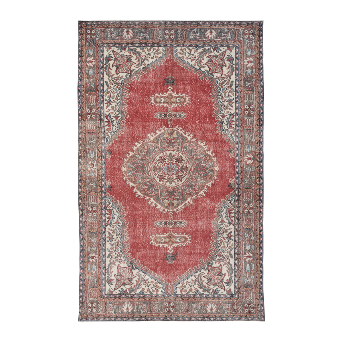 Turkish Isparta area rug in faded red and tan, 6'2" x 10'1"