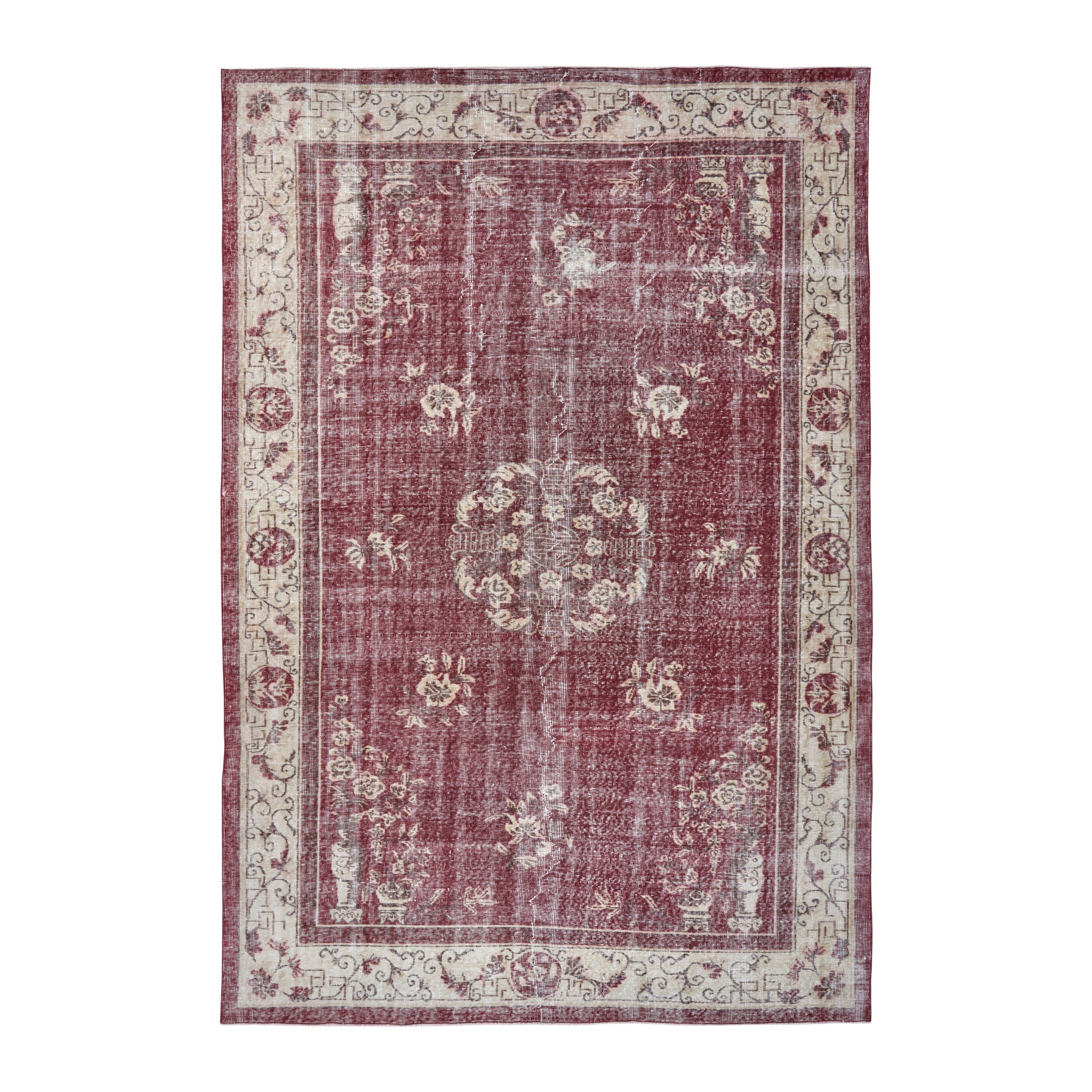 Turkish Isparta area rug in faded red and ivory, 7'1" x 10'2"