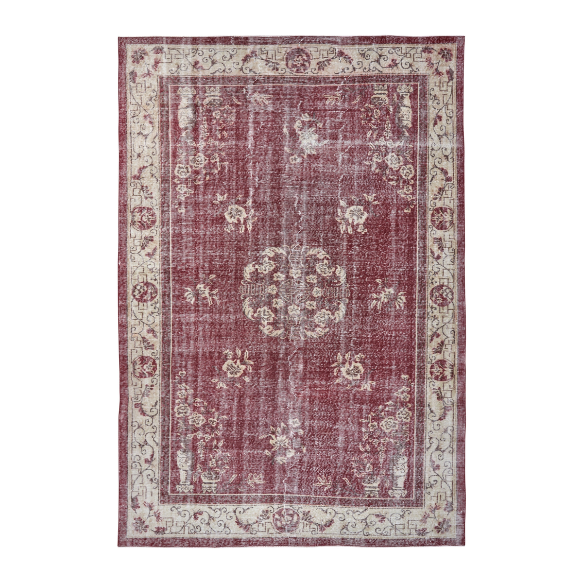 Turkish Isparta area rug in faded red and ivory, 7'1" x 10'2"