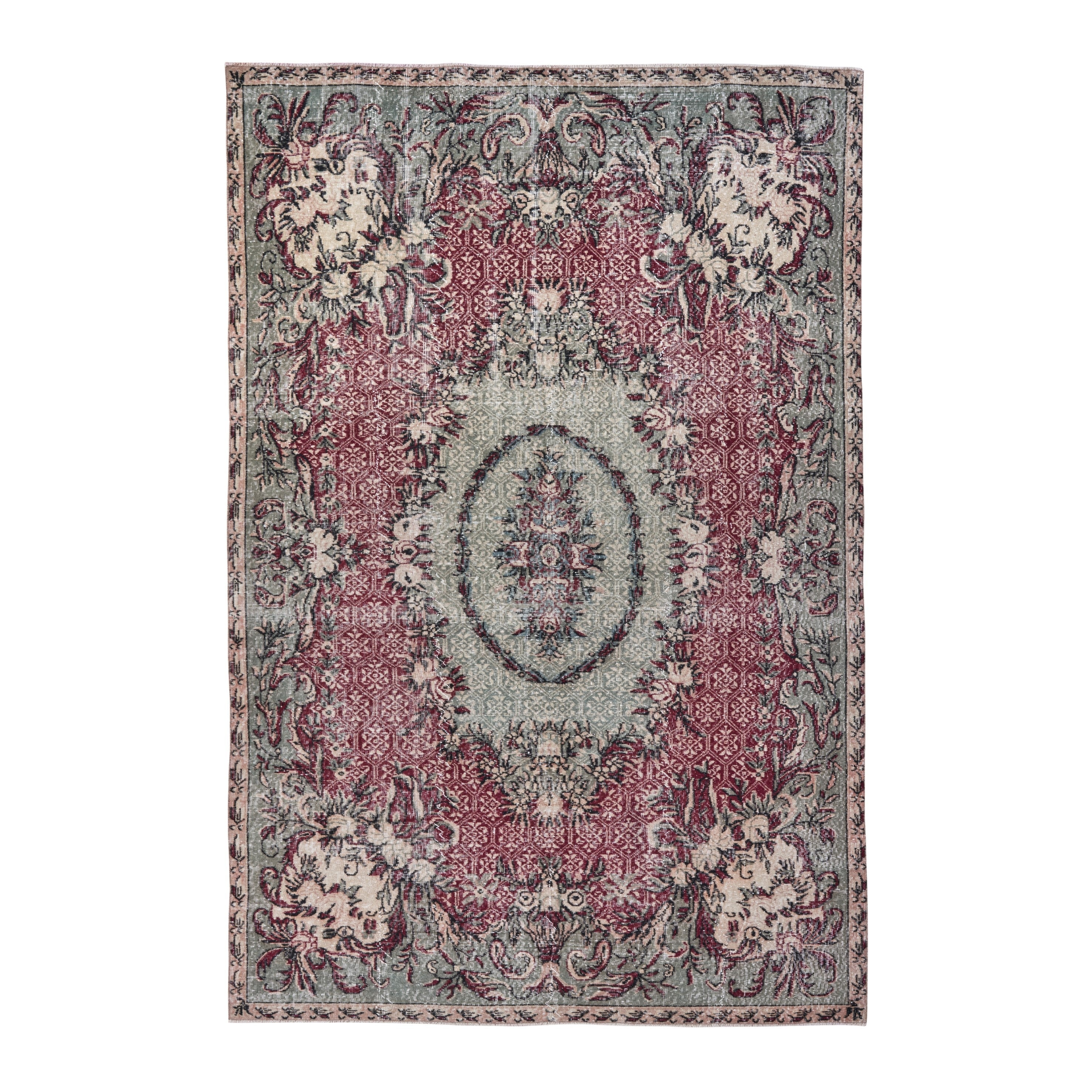 Turkish Isparta area rug in burgundy and muted pink, 6'5" x 9'9"