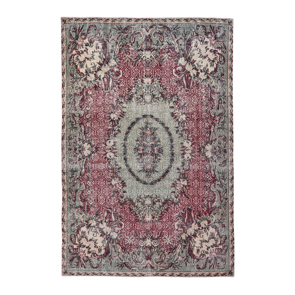Turkish Isparta area rug in burgundy and muted pink, 6'5" x 9'9"