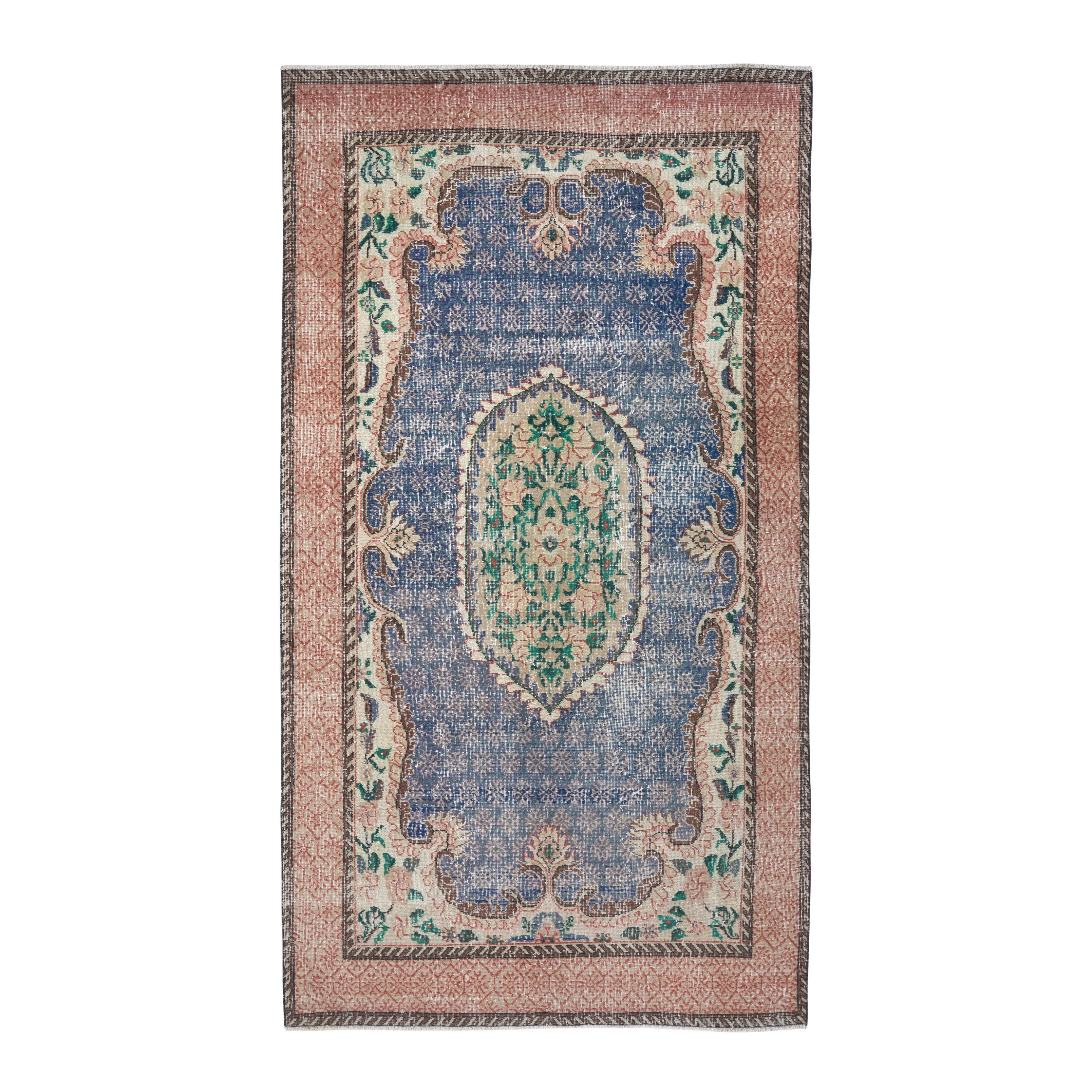 Turkish Isparta area rug in dark blue and rose, 5'1" x 9'1"