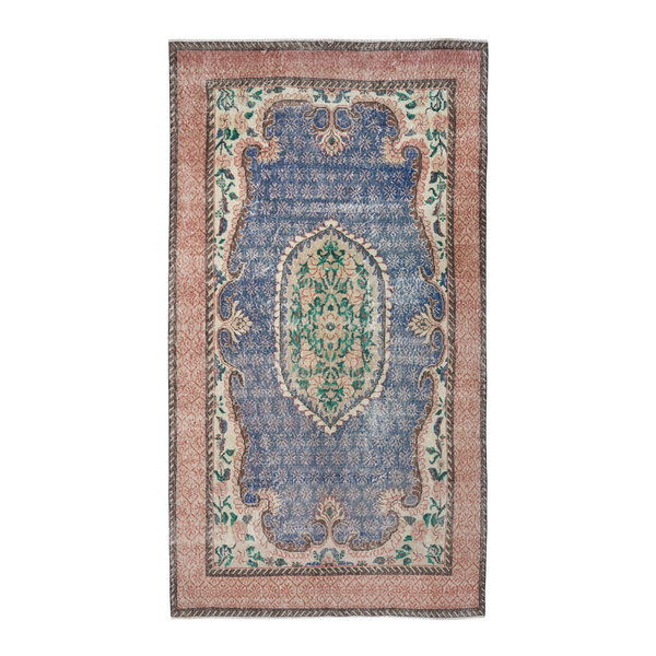 Turkish Isparta area rug in dark blue and rose, 5'1" x 9'1"