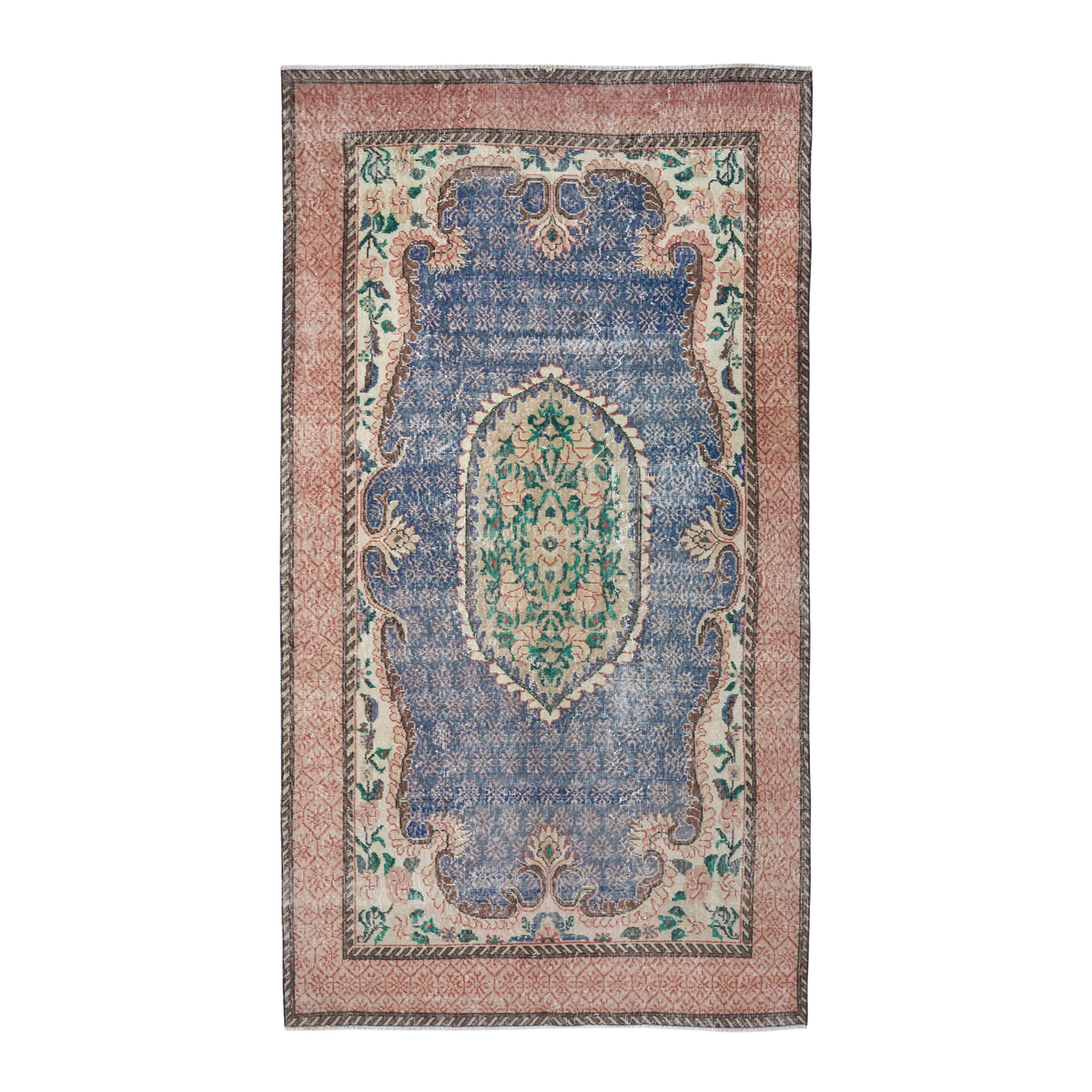 Turkish Isparta area rug in dark blue and rose, 5'1" x 9'1"