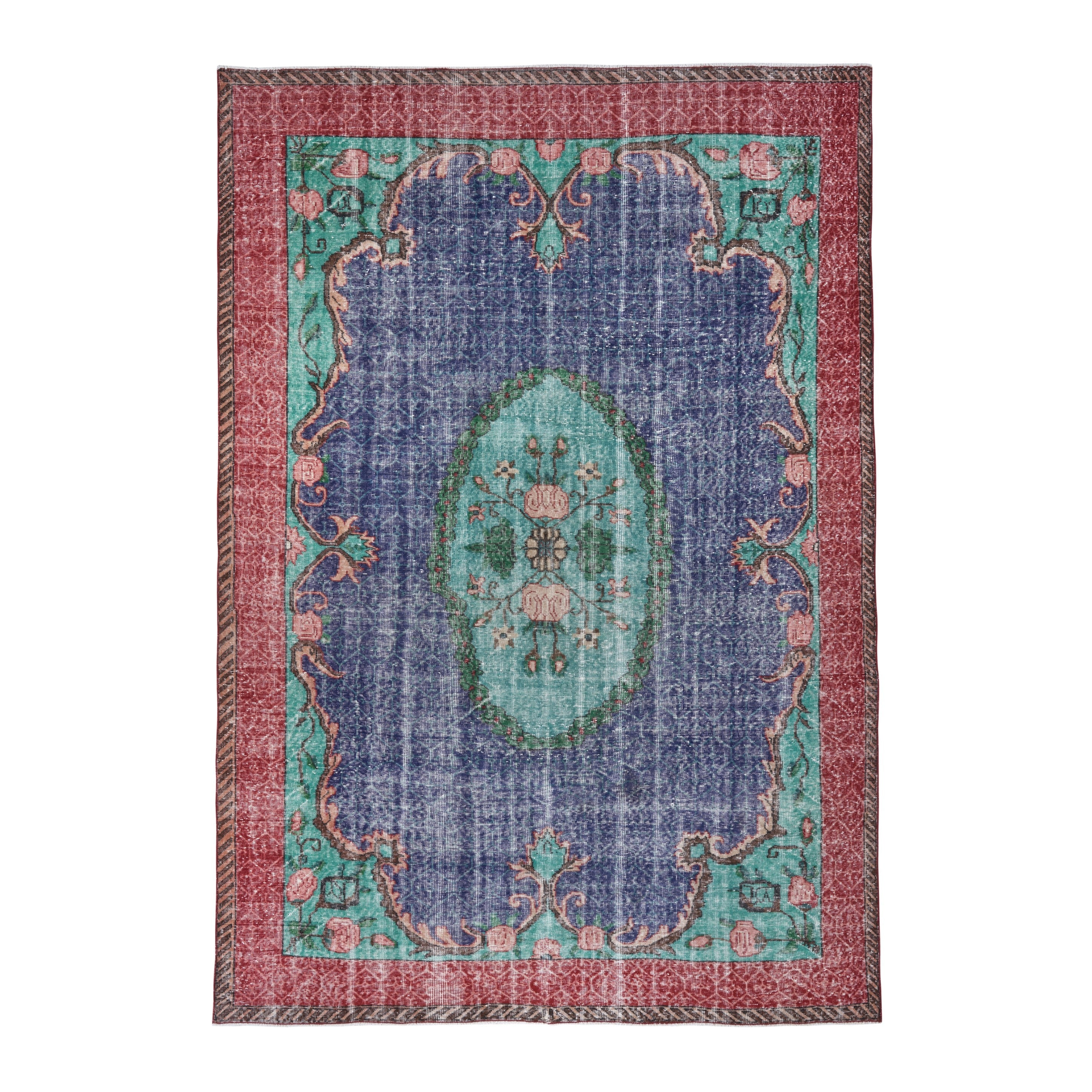 Turkish Isparta area rug in deep indigo and rose, 7'1" x 10'4"