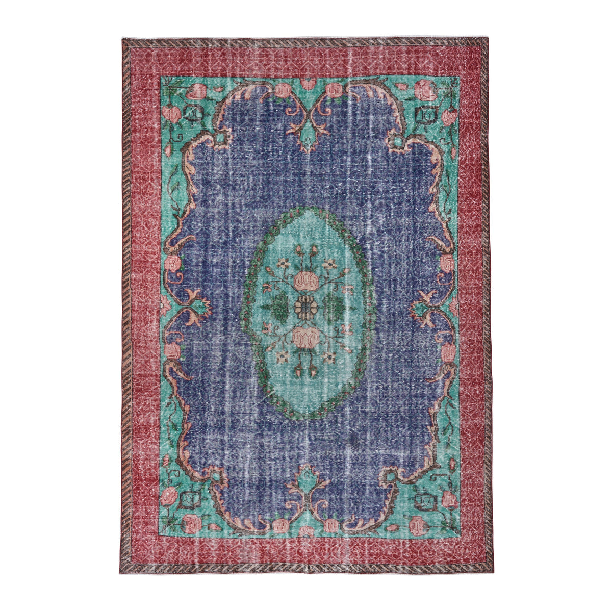 Turkish Isparta area rug in deep indigo and rose, 7'1" x 10'4"