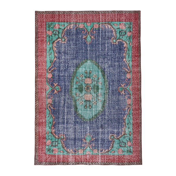 Turkish Isparta area rug in deep indigo and rose, 7'1" x 10'4"