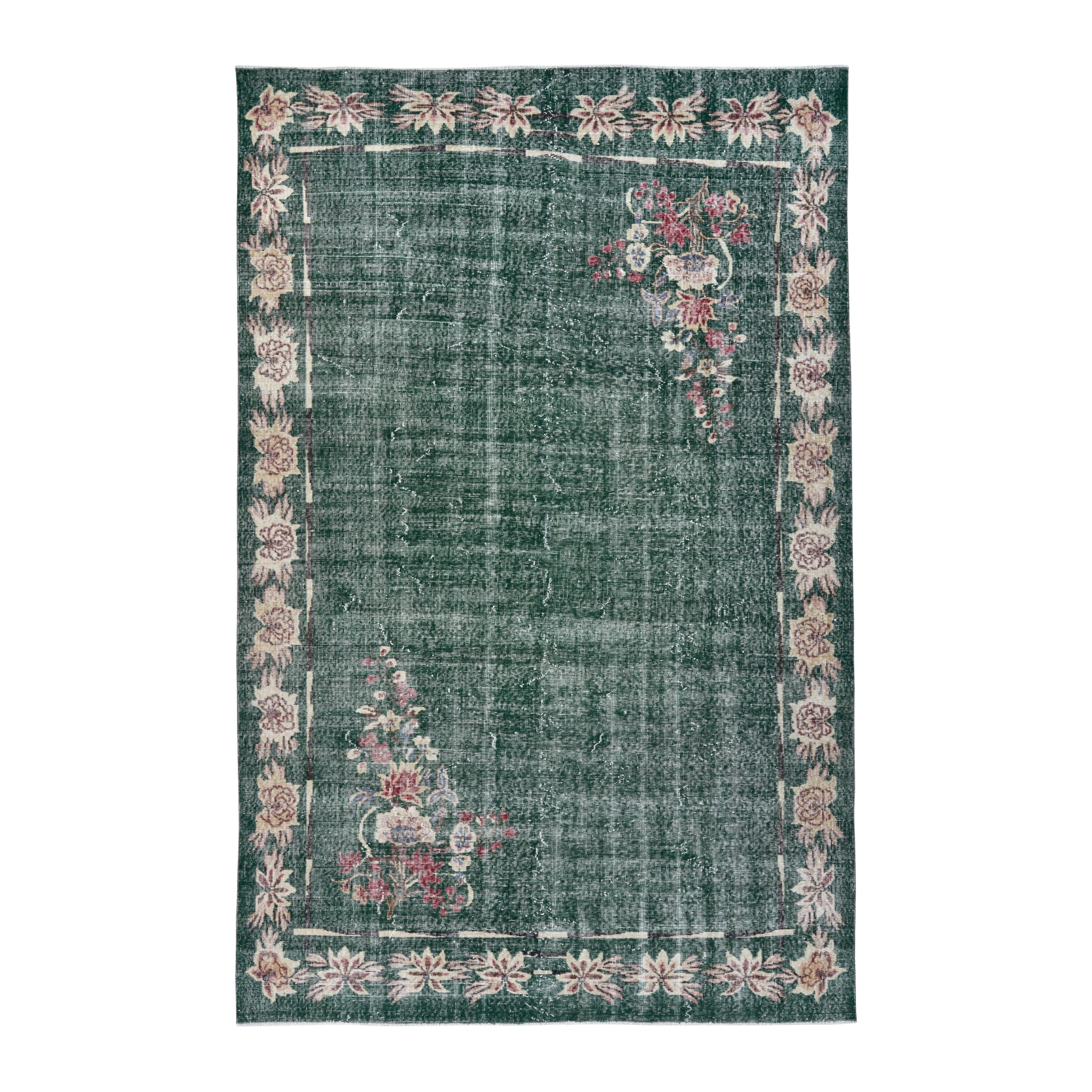 Turkish Isparta area rug in forest and muted pink, 6'9" x 10'2"